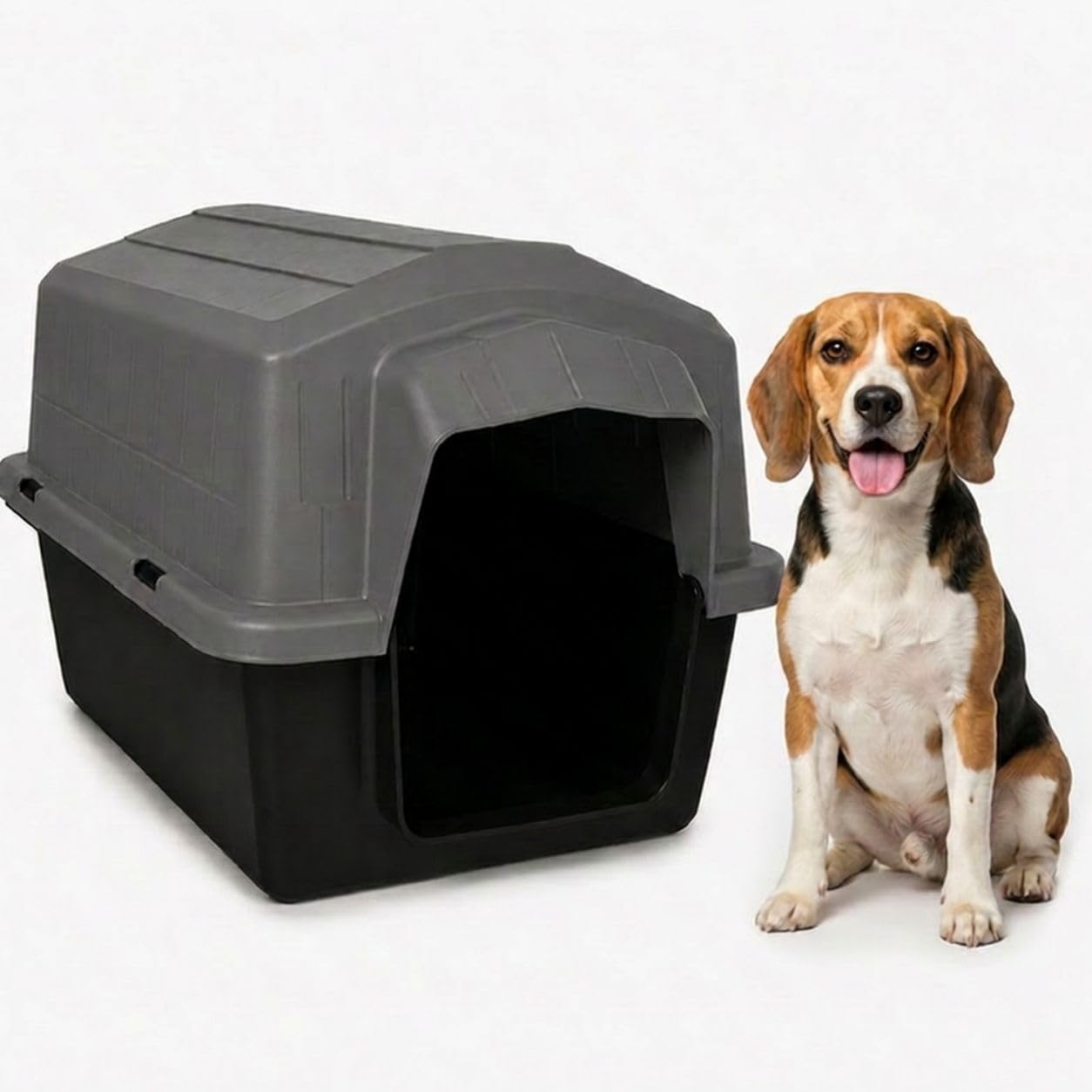Casinha Pet 2 em 1 Grande N5 Caminha Proteção UV | Uso Externo Sol Chuva | Cães Médios até 22kg Labrador Bulldog Beagle | Plástico Rígido Atóxico Resistente | Limpeza Fácil (Cinza)