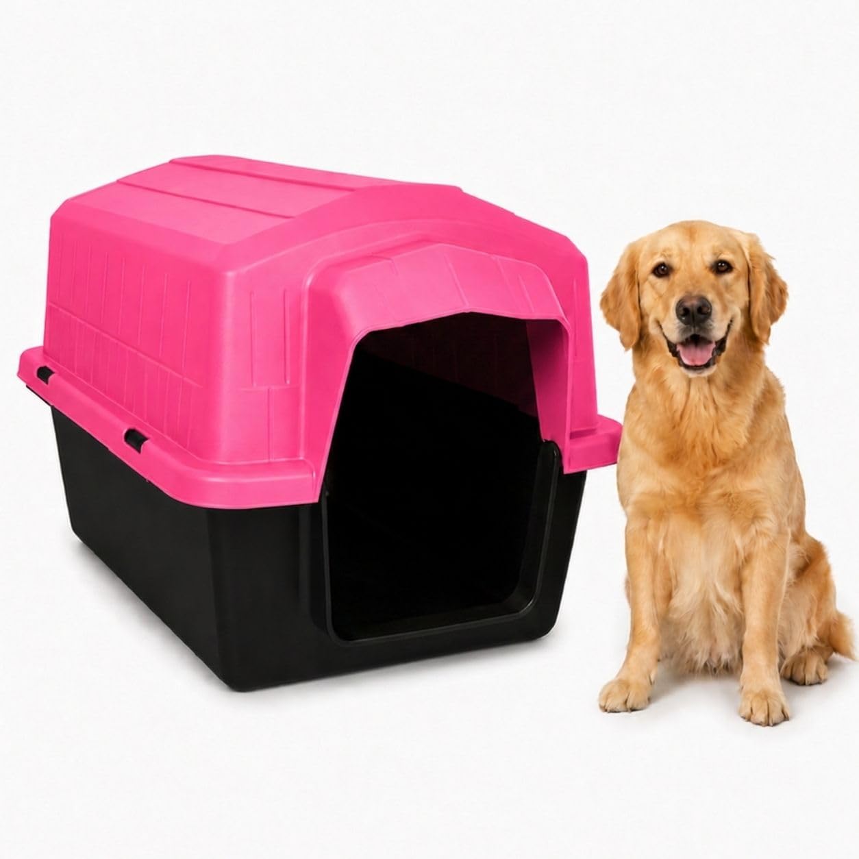 Casinha Pet 2 em 1 N6 Gigante Caminha| Uso Externo Sol Chuva | Cães Grandes Acima 25kg Labrador Golden Pastor Alemão 83x76cm | Plástico Rígido Atóxico Resistente Limpeza Fácil TáNaTela (Rosa)
