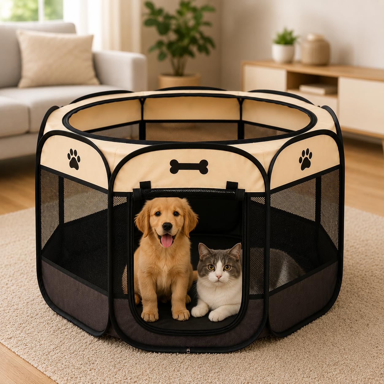 Cercadinho Pet Dobrável para Cachorros, Gatos, Filhotes e Coelhos Cercado Portátil Impermeável Tela Respirável Casinha Pet com Zíper para Uso Interno e Externo Cores Sortidas