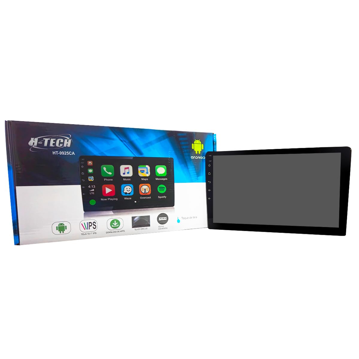 CENTRAL MULTIMÍDIA ANDROID 13, TELA IPS 10" FULL TOUCH, 2/32GB, SLIM, FM, USB, SD, AUX, BLUETOOTH, ESPELHA ANDROID E IOS, CARPLAY E ANDROID AUTO, CONECTIVIDADE COM OU SEM FIO
