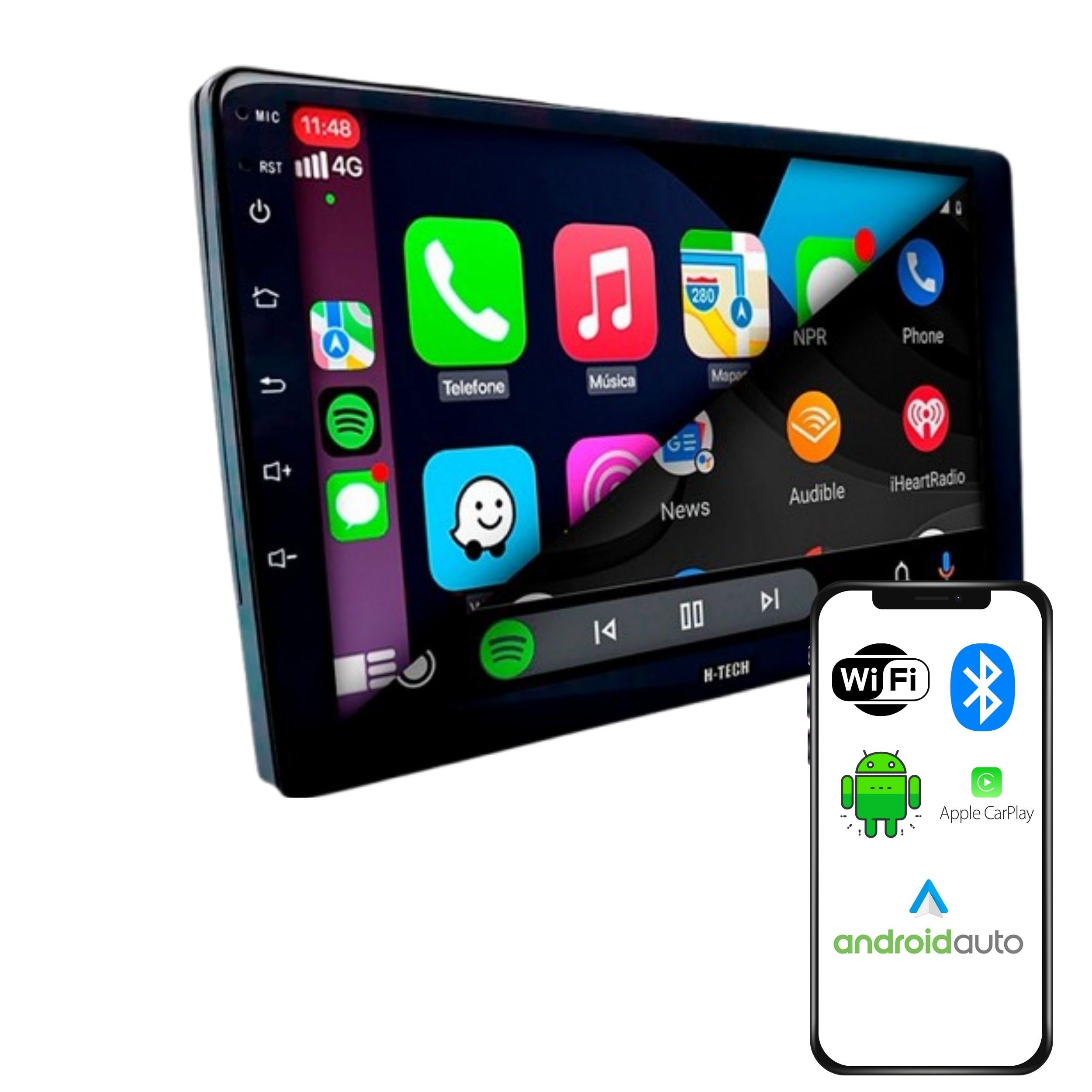 CENTRAL MULTIMÍDIA ANDROID 13, TELA QLED 9" FULL TOUCH, SLIM, 2/64GB, USB, SD, AUX, BLUETOOTH, ESPELHA ANDROID E IOS, CARPLAY E ANDROID AUTO CONECTIVIDADE COM OU SEM FIO