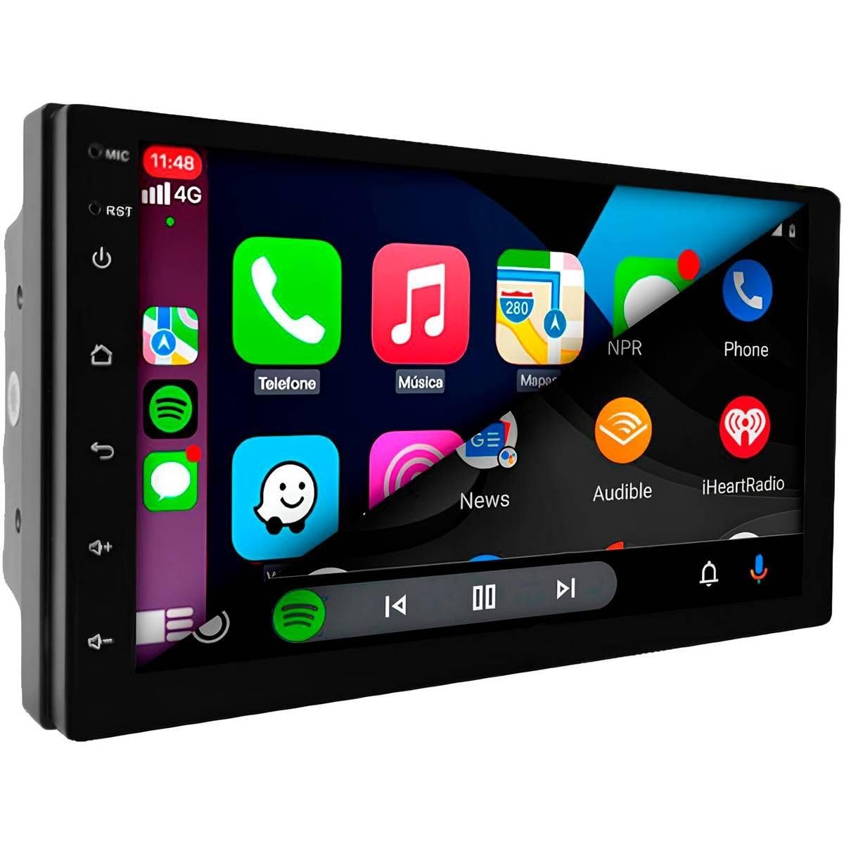 CENTRAL MULTIMÍDIA ANDROID 13, QUAD-CORE 4/64GB, TELA QLED 7" FULL TOUCH, 2 DIN SLIM, USB, SD, AUX, BLUETOOTH, ESPELHA ANDROID E IOS, CARPLAY E ANDROID AUTO COM OU SEM FIO