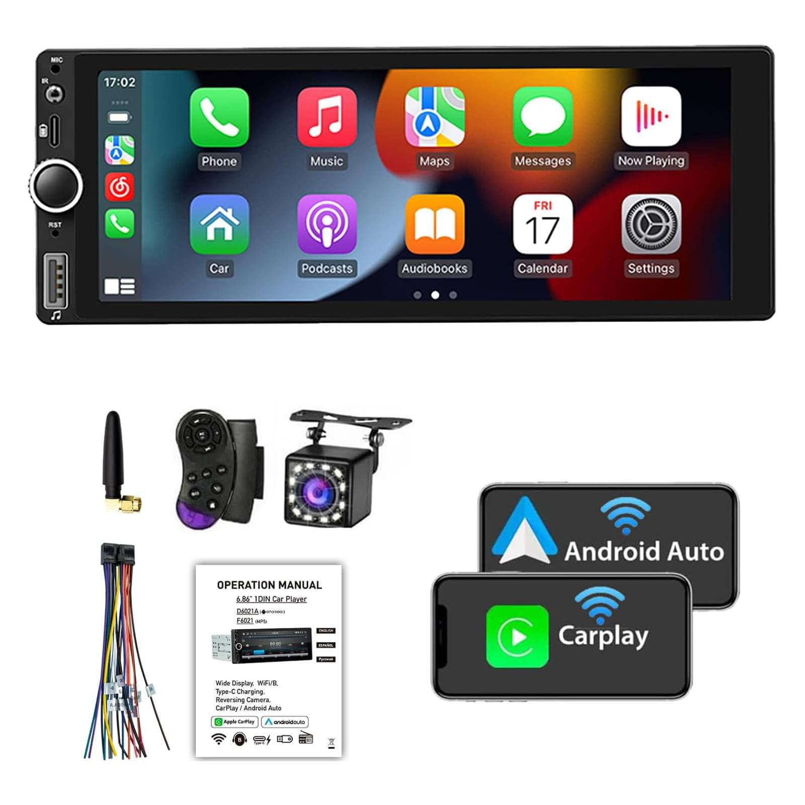 FINYQBET Rádio Automotivo Multimidia 1 din com Apple CarPlay, Android Auto, Tela Sensível ao Toque de 6.9 Polegadas, Bluetooth, Câmera de Ré e Controle de Voz - Ideal para Carros e Caminhões