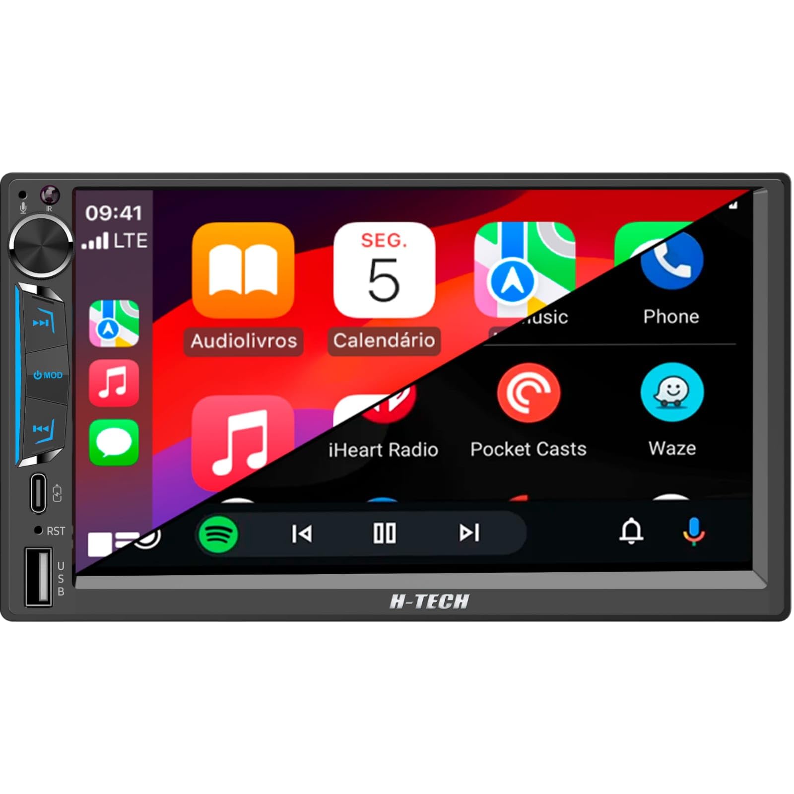 HT-5125CA CENTRAL MULTIMÍDIA MP5 TELA IPS 7" COM BOTÃO, FM, USB-A, USB-C, BLUETOOTH, ESPELHA ANDROID E IOS, CARPLAY E ANDROID AUTO COM OU SEM FIO
