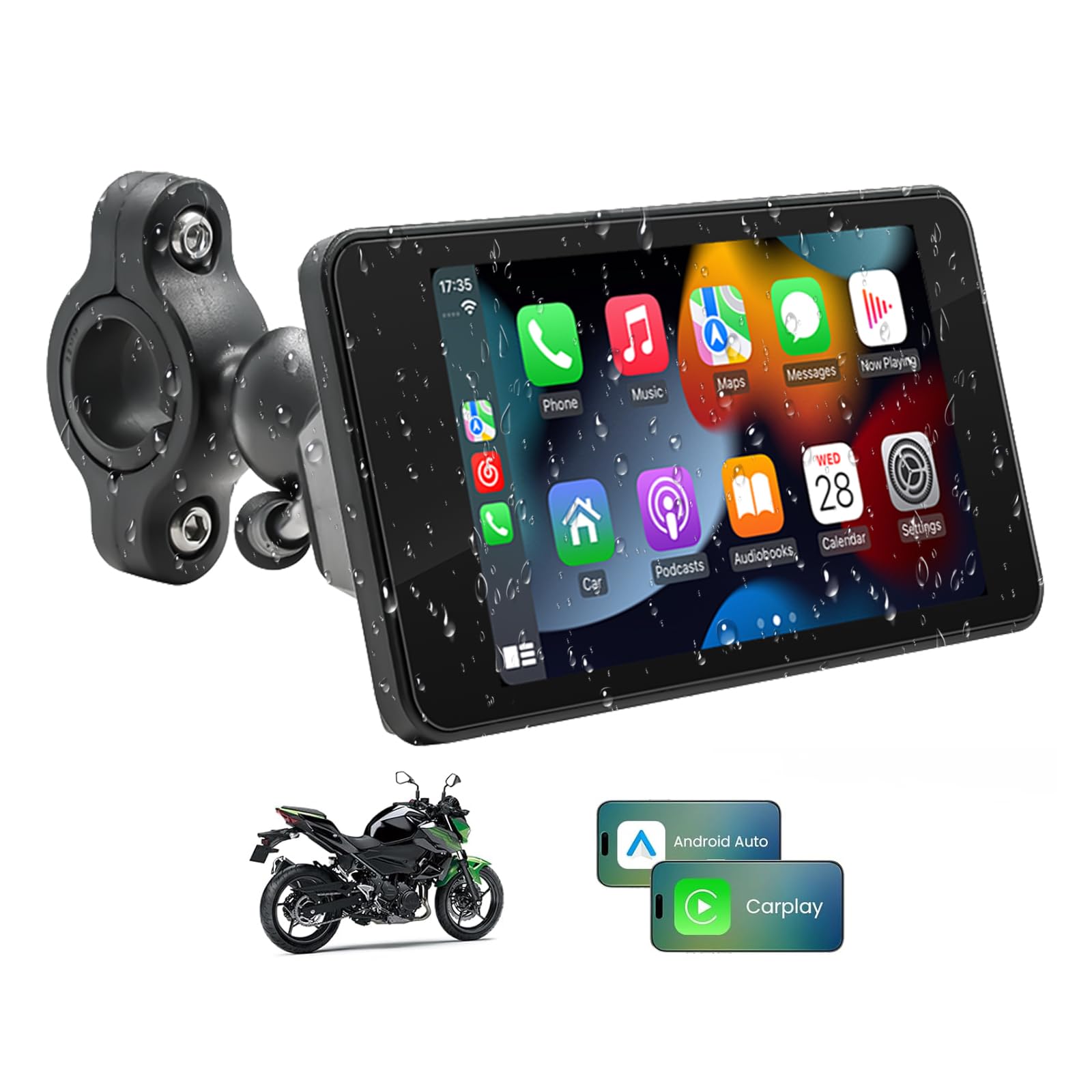 Central Multimídia MP5 para Moto 4.7" com Tela Touch Portátil – CarPlay e IOS Android Auto, Bluetooth, à Prova d’Água, GPS, USB, Áudio Veicular