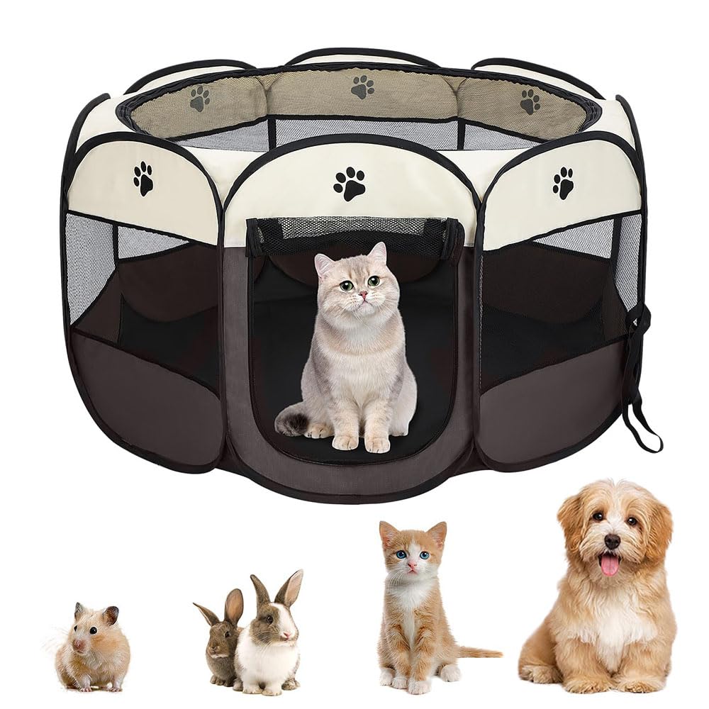 Cercadinho Extra Grande Tecido Cão Gato Coelho Pets Tenda Casinha Cercado Portátil Dobrável Marrom 114x114x60cm