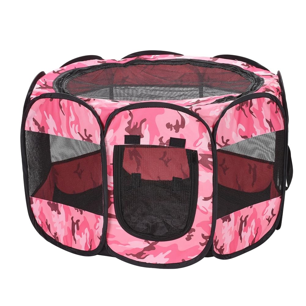 Cercado Dobrável Para Cães E Gatos, Cercado Portátil Pop-Up Para Uso Interno E Externo, Ideal Para Filhotes E Gatinhos, Com Bolsa De Transporte, Tecido Oxford 600D (Camuflado Rosa, Tamanho