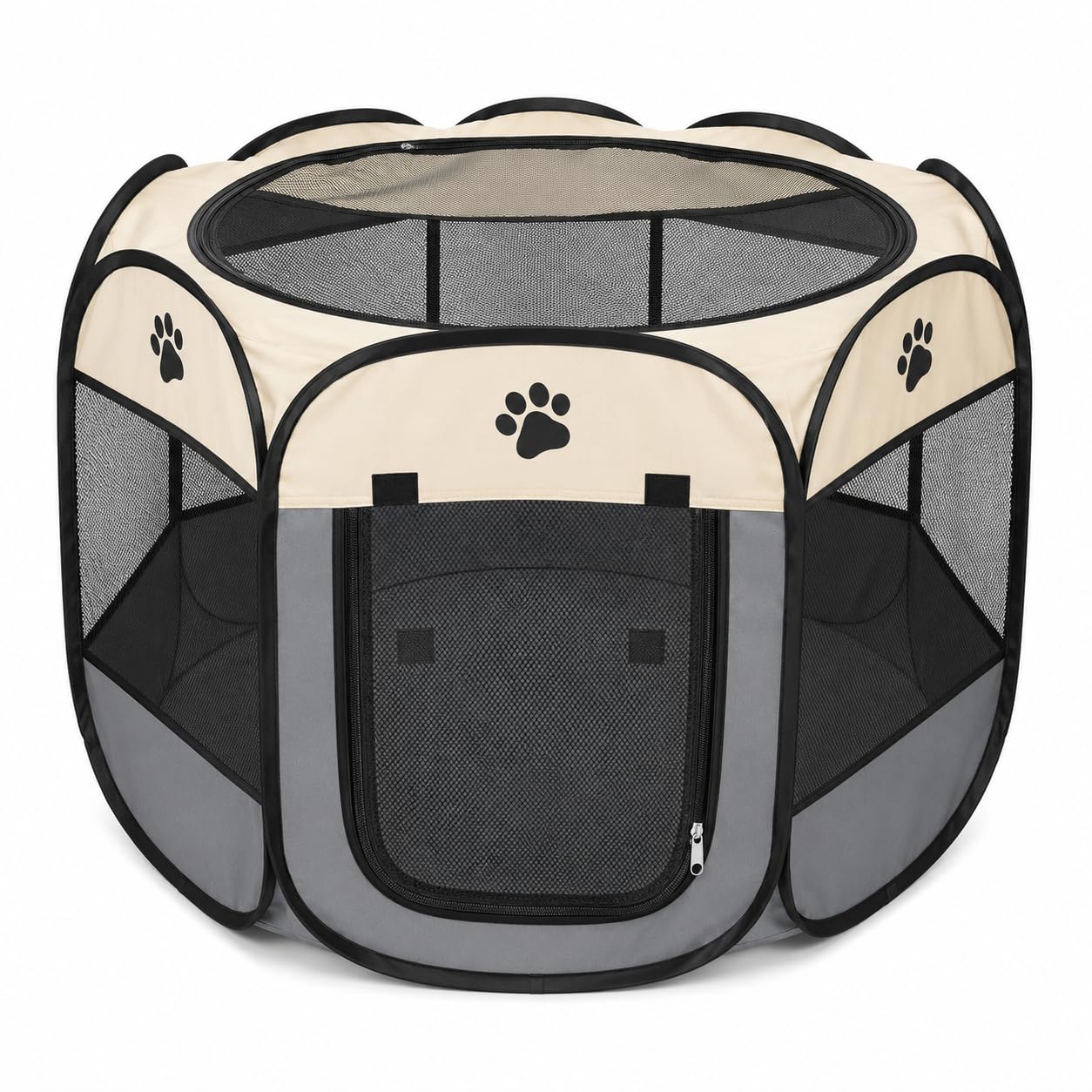 Cercadinho Portátil para Cães e Gatos 91x59cm, Cercado Dobrável Octogonal com Tela de Ventilação, Porta com Zíper e Parte Superior Removível, (Cinza)