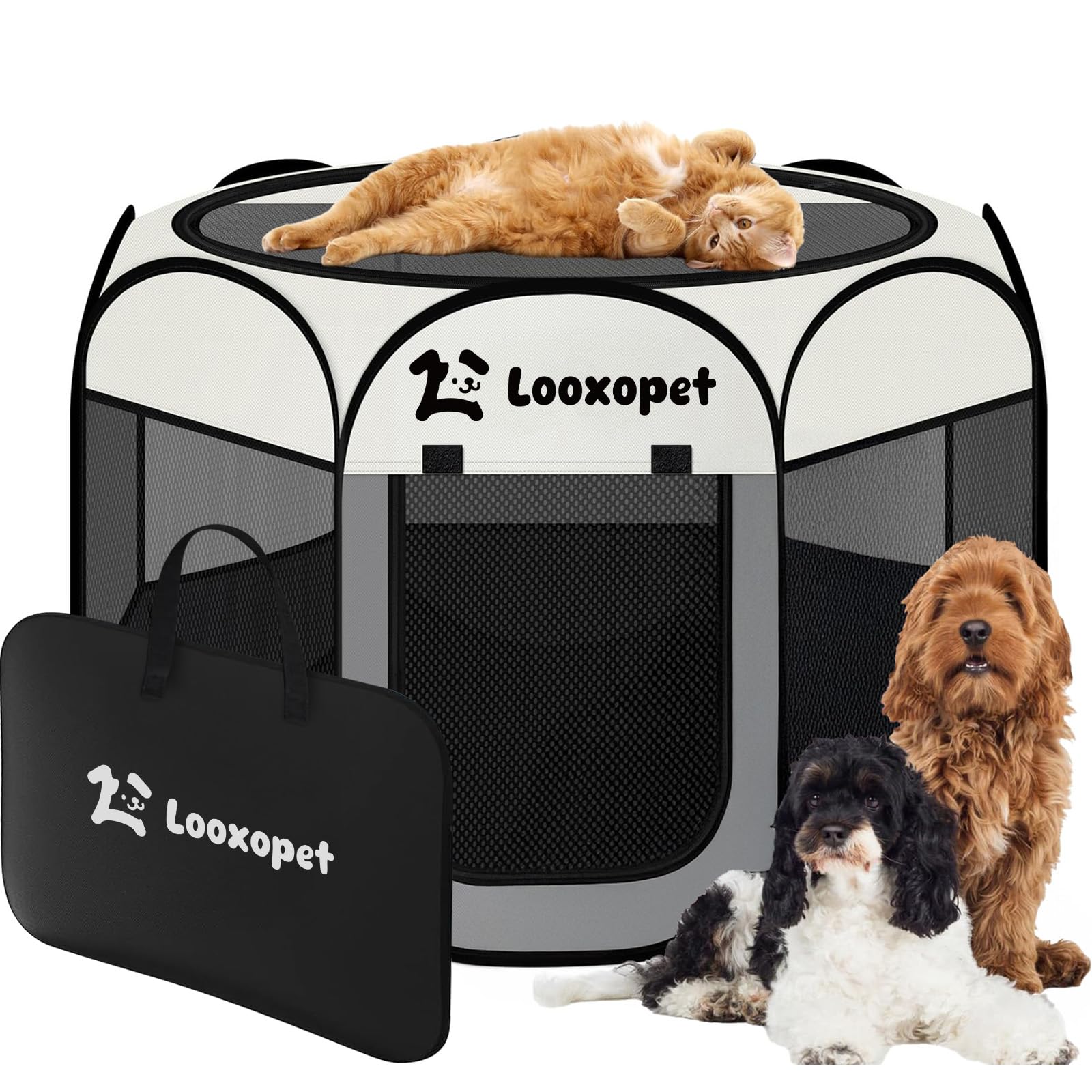 Cercadinho para Cachorros Grande, Cercado Pet Dobrável 114x114x58 cm | Tecido Oxford 600D Respirável, Estrutura de 8 Painéis, com Zíper