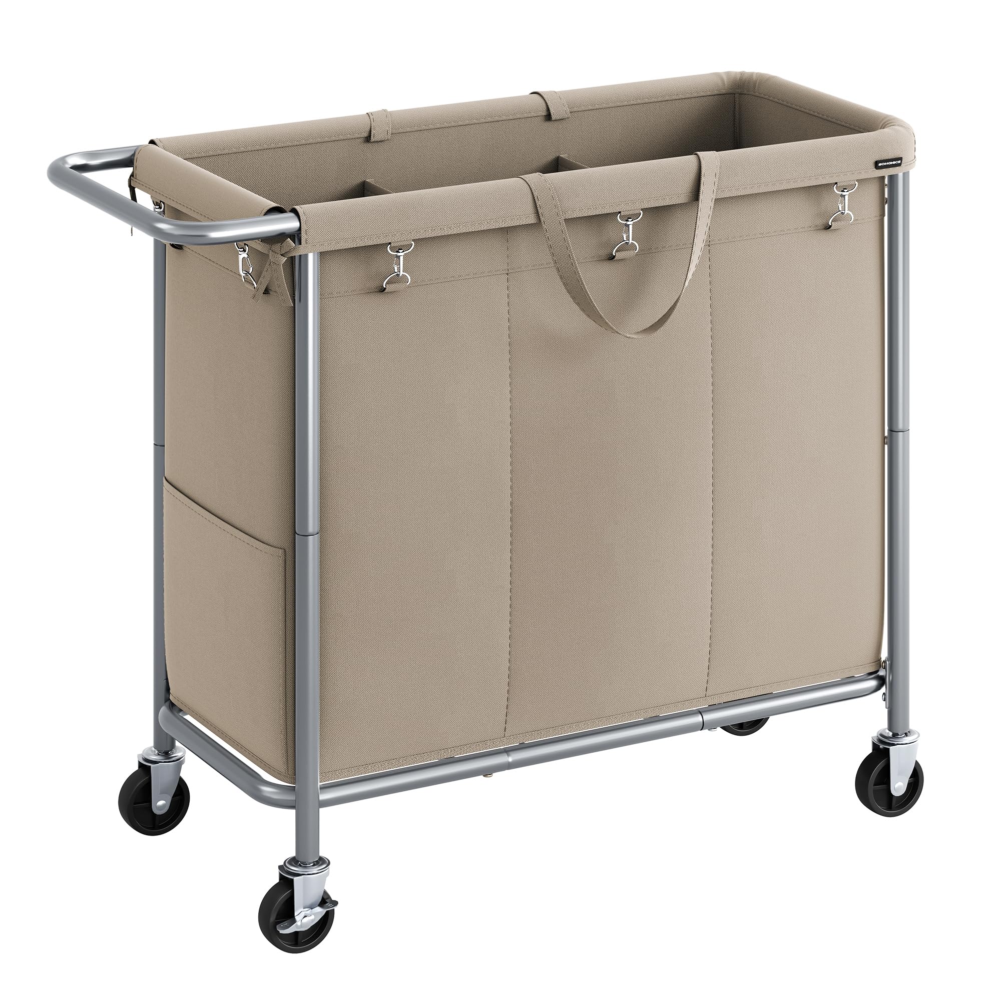 SONGMICS Cesto de roupa suja com rodas, cesto de roupa suja rolante de 3 seções, 200 L, forro removível, estrutura de aço com alça, 90 x 40 x 82 cm, marrom camelo URLS005N01