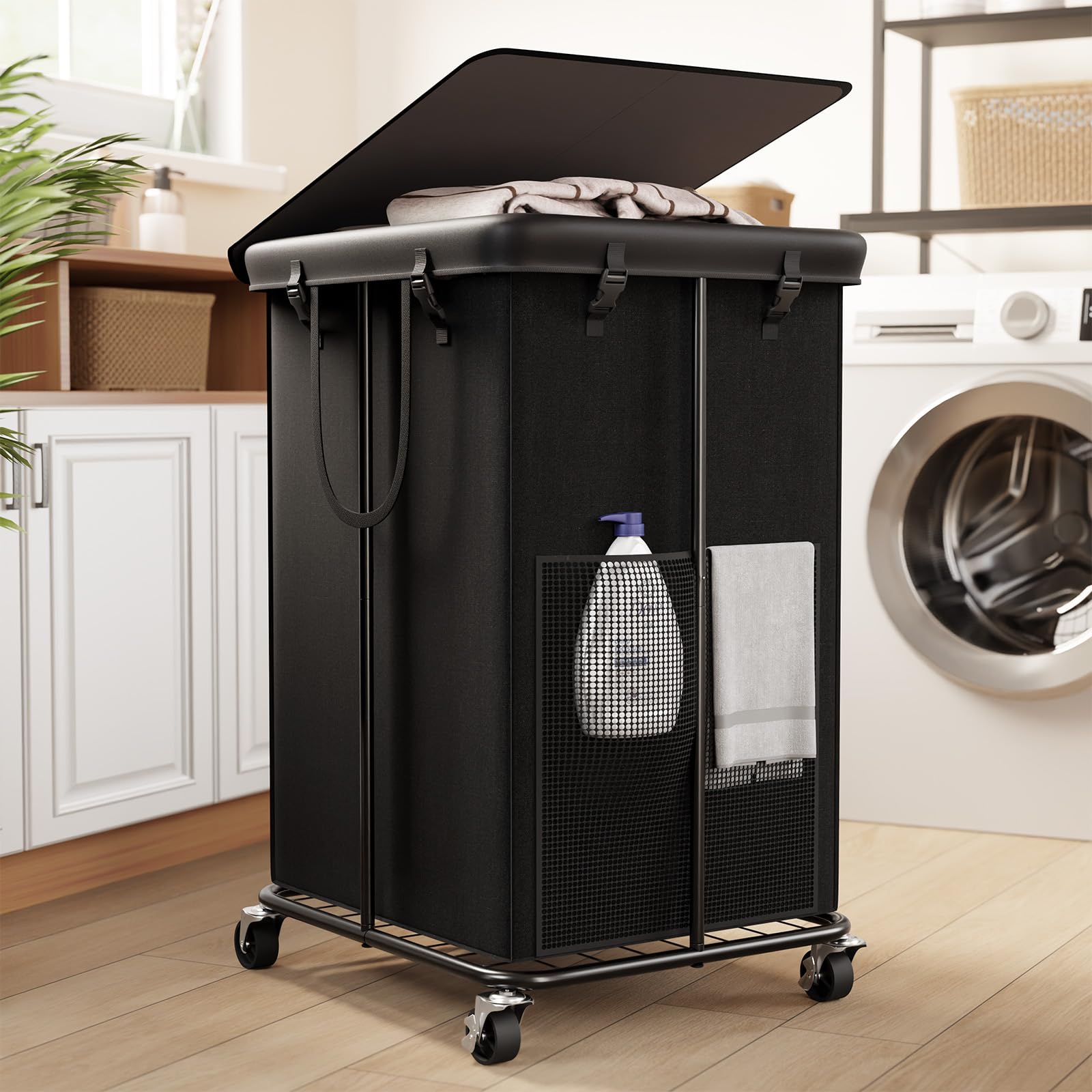 ZATOCL Cesto de roupa suja grande de 150L com tampa, cesto de roupa suja com rodas, cestos de roupas sujas de tecido Oxford com saco de roupa removível e moldura de metal para quarto, lavanderia, banheiro,