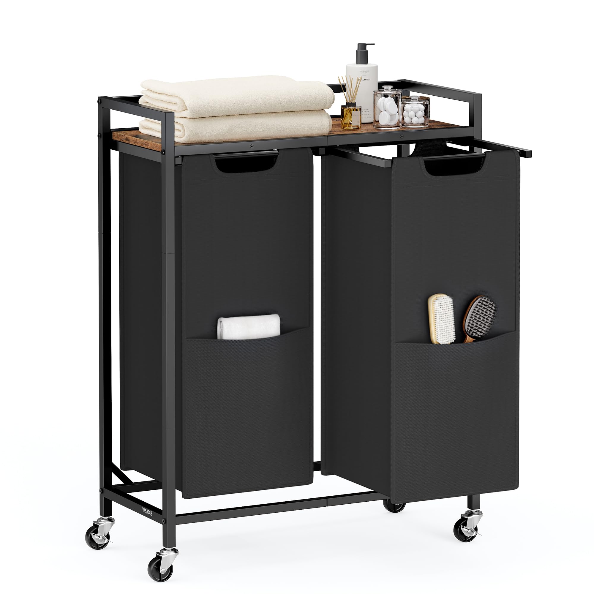 VASAGLE Cesto de lavanderia com 2 compartimentos, carrinho de rodinhas com rodas, prateleira, sacos removíveis, bolsos, tinta preta e marrom rústico UBLH021B01 | Cesto de cesto de roupa suja com rodas, prateleira, sacos removíveis, bolsos, tinta preta e marrom rústico
