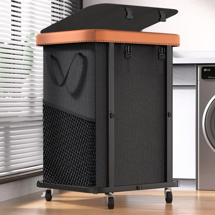 alentar Cesto de lavanderia grande moderno de 150 L com rodas, carrinhos de couro com rodinhas de patchwork, estrutura de metal resistente, bolsa lavável removível, classificador de roupas altas para quarto