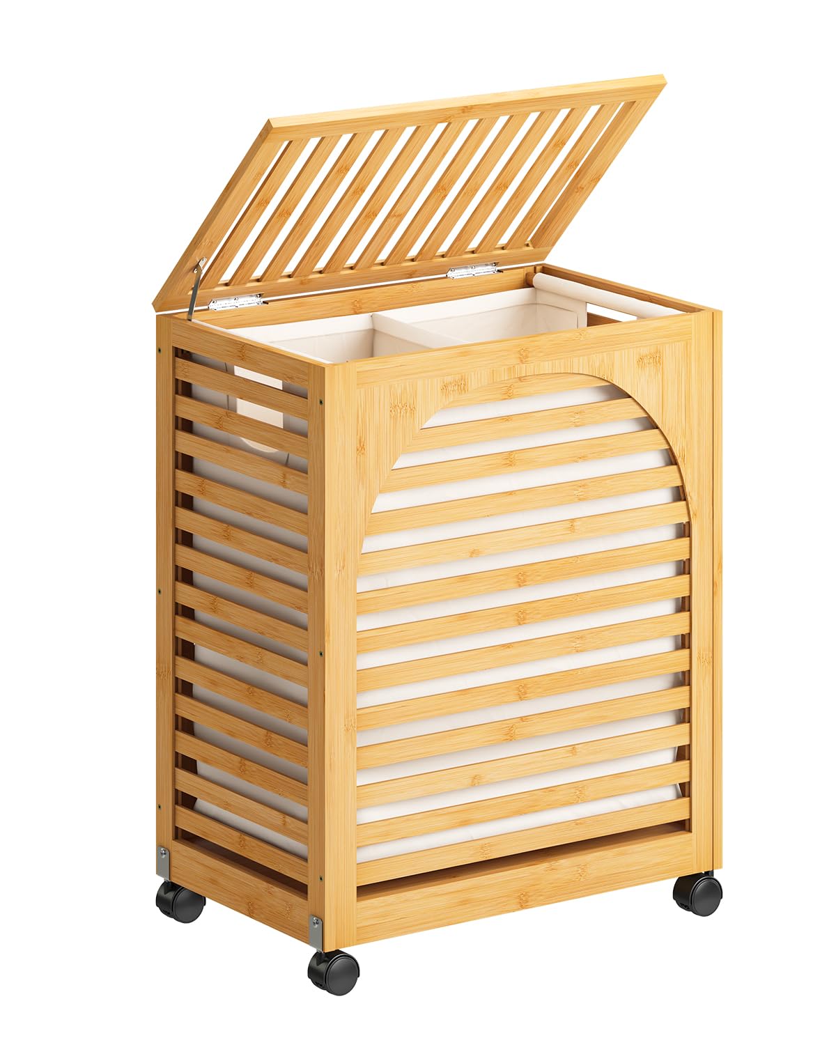Vriccc Cesto de roupa suja com rodas, cesto de roupa grande com tampa, 103,4 L, cesto de roupa de madeira de bambu, 2 seções com alças, forro removível