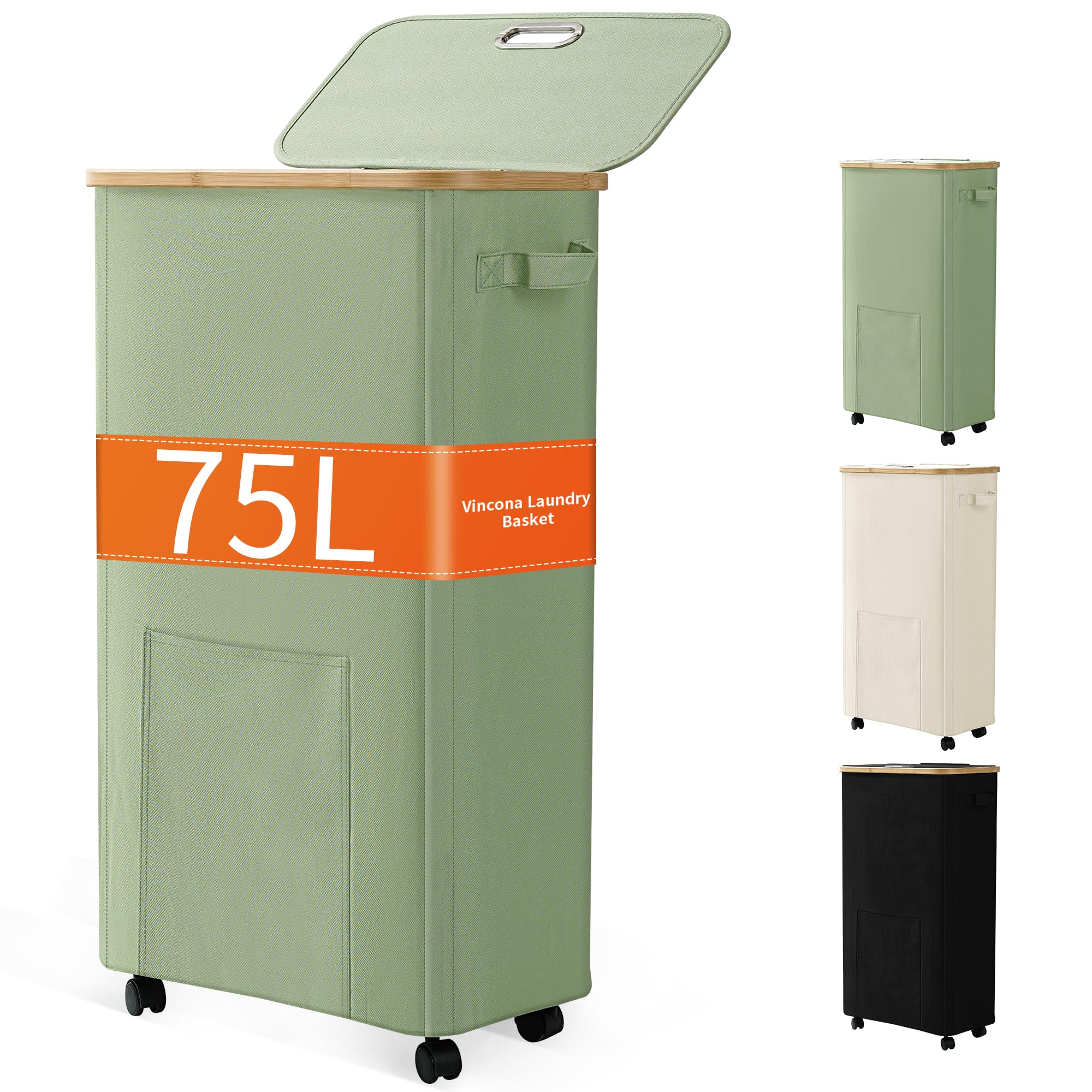 Vincona Cesto de roupa suja com rodas, cesto de roupa suja sobre rodas, cesto de roupa suja com tampa para lavanderia, dormitório e banheiro, verde sálvia 75L