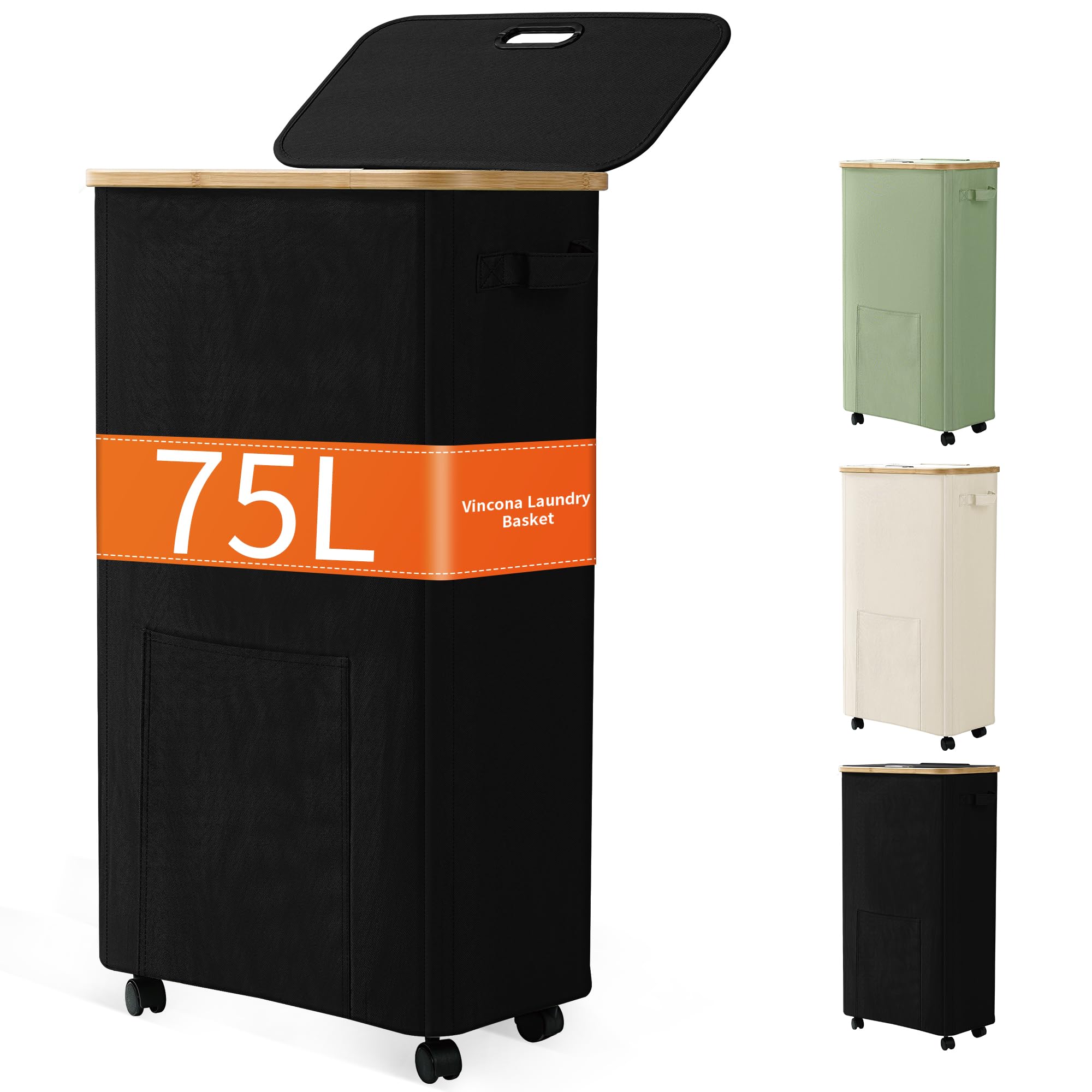 Vincona Cesto de Lavanderia com Rodas, Cesta de Roupas Sujas com Rodas, Cesta de Lavanderia Alta e Dobrável com Tampa para Lavanderia, Dormitório e Banheiro, 75L Preto