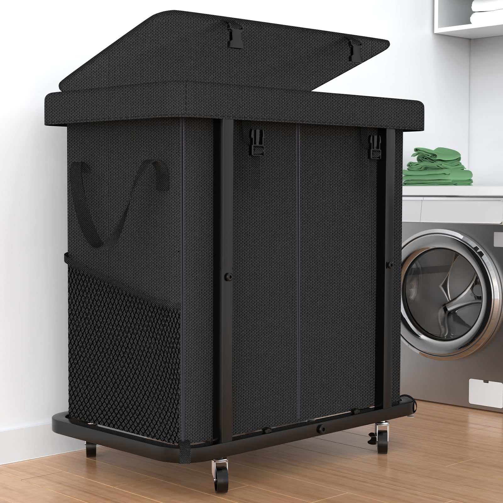 kunlabori Cesto de lavanderia de 190 litros com tampa, cesto de roupa suja com rodas, cesto de roupas sujas com moldura de metal e design de bolsa removível, adequado para lavanderia, quarto (preto, 2 seções | Cesto de roupas sujas com moldura de metal e design de bolsa removível, adequado para lavanderia, quarto (2 seções)