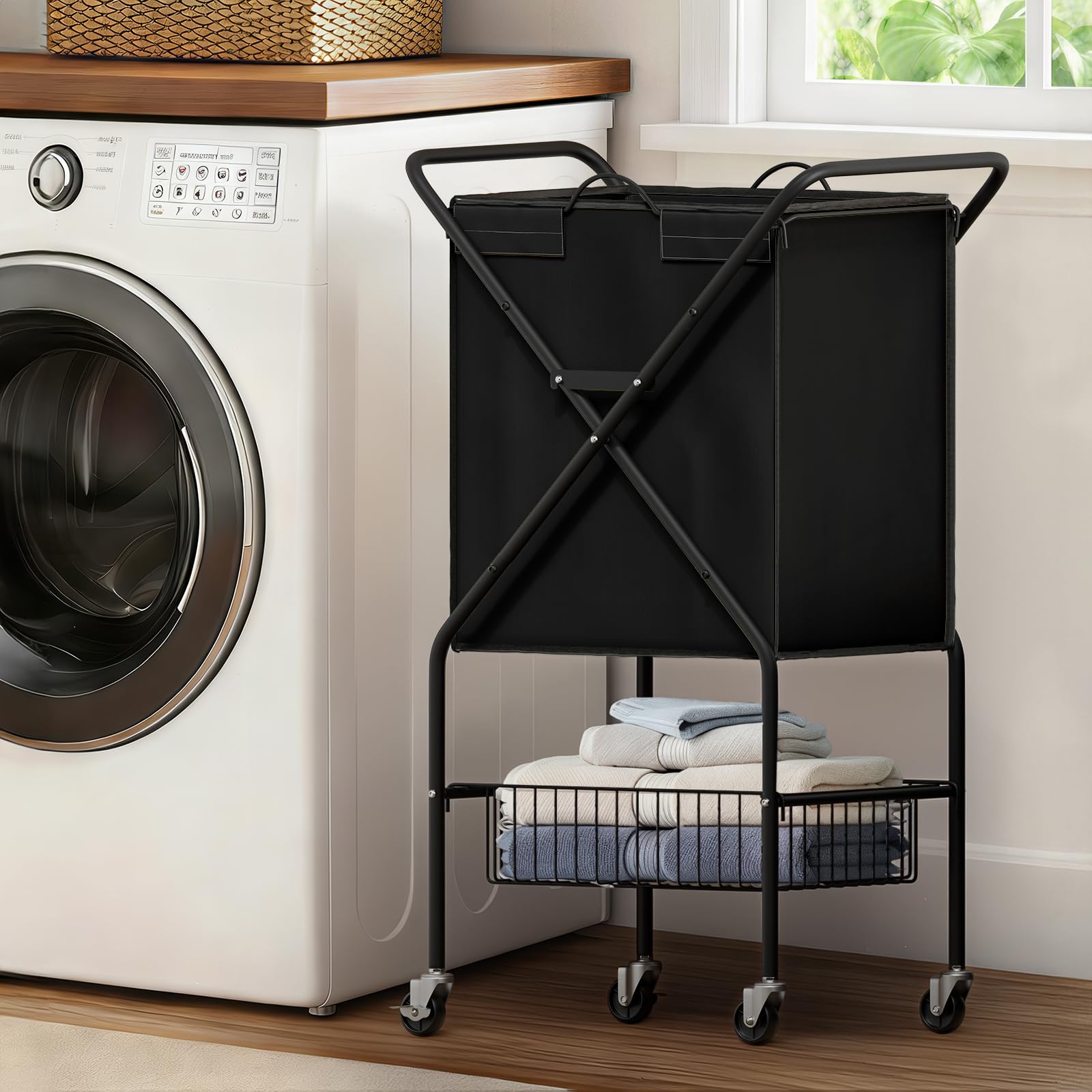 Cesto de roupa suja com rodas: carrinho de lavanderia com rodinhas de 88 L, armação de metal, cesto de roupa suja, 91 cm A, 4 rodízios, 2 freios, impermeável, forro removível, alça de