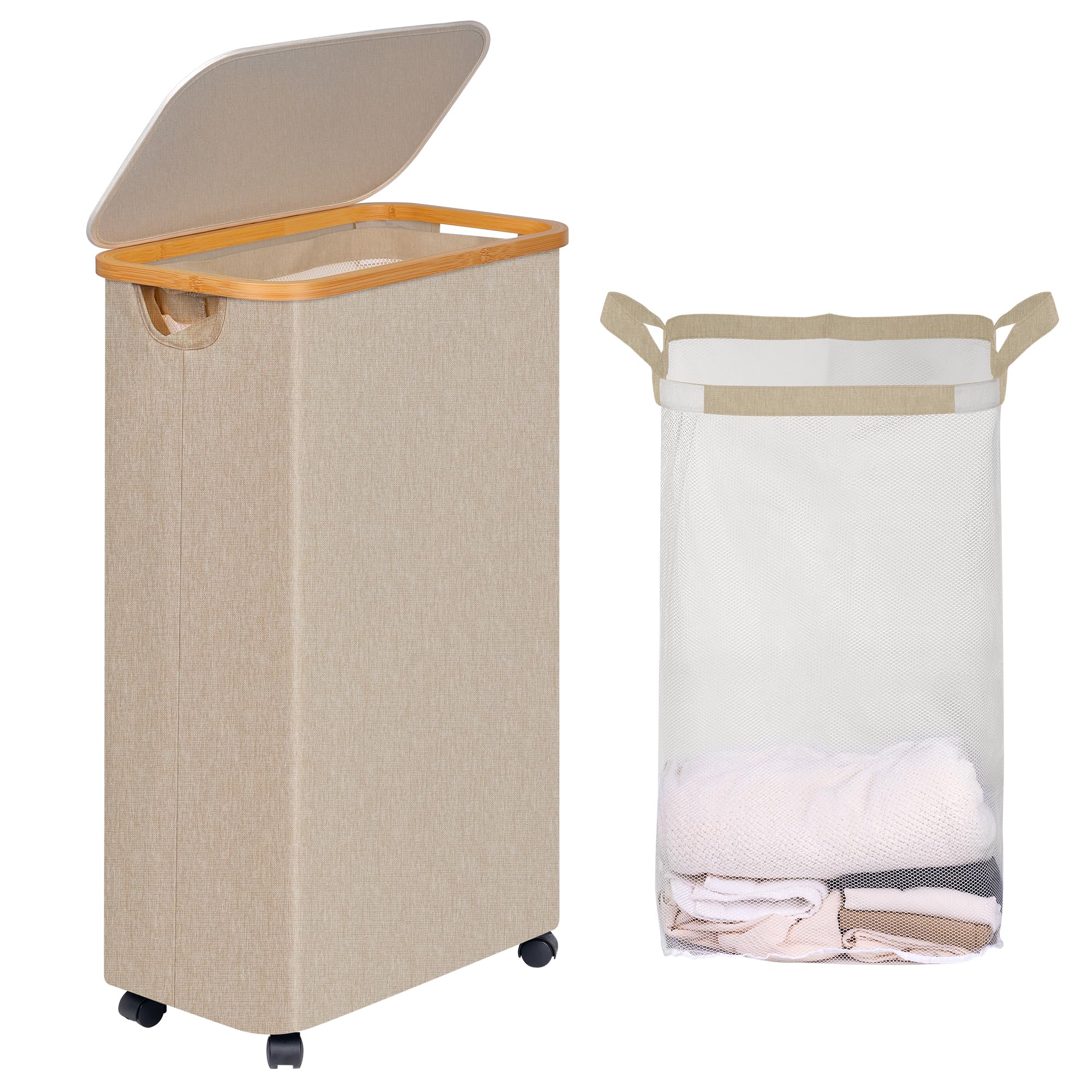 efluky Cesto de roupa suja com rodas, cesto de roupa suja alto com tampa e bolsa removível, cesto de roupas sujas estéticas sobre rodas para lavanderia, quarto, dormitório e banheiro, aveia 75L