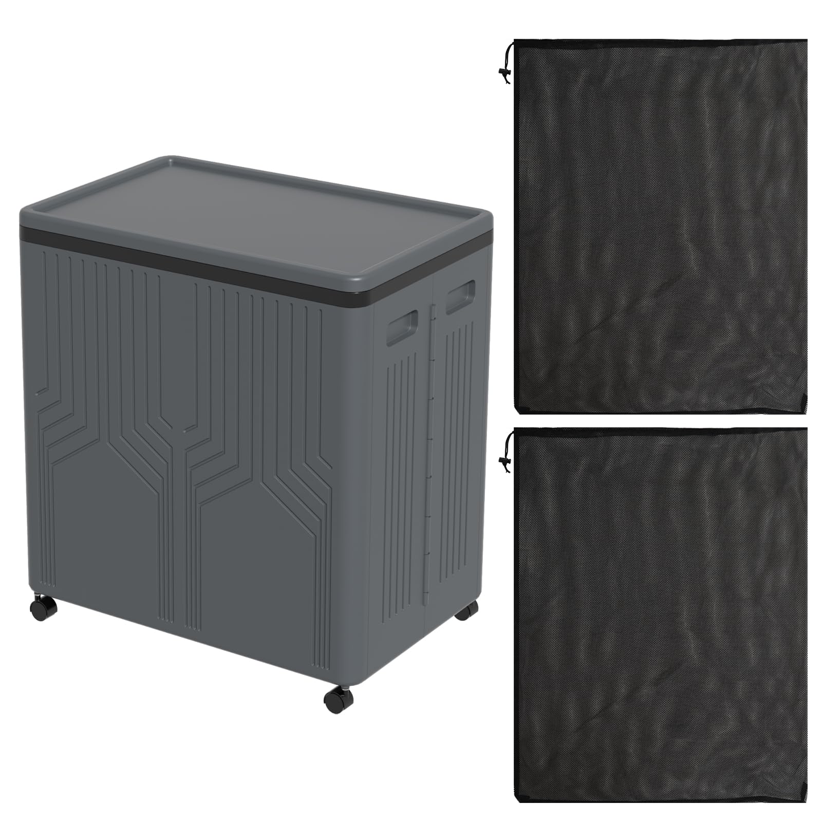 Hommp Cesto de roupa suja duplo de 120 L com tampa e rodas, cesto de roupa com rodinhas de 2 seções, cesto de roupa de plástico dobrável para lavanderia, banheiro, quarto, cinza