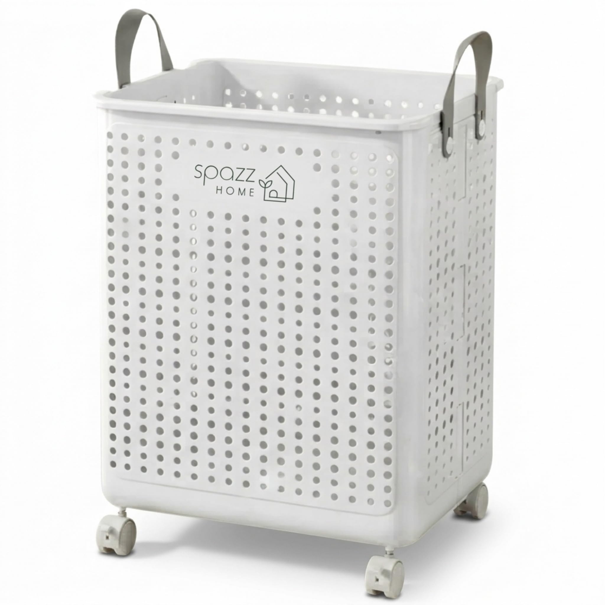 Spazz Home Cesto de Roupa Suja 50L Branco com Rodas – Grande, Dobrável, Ventilado, em Plástico PP Resistente – Organizador de Lavanderia