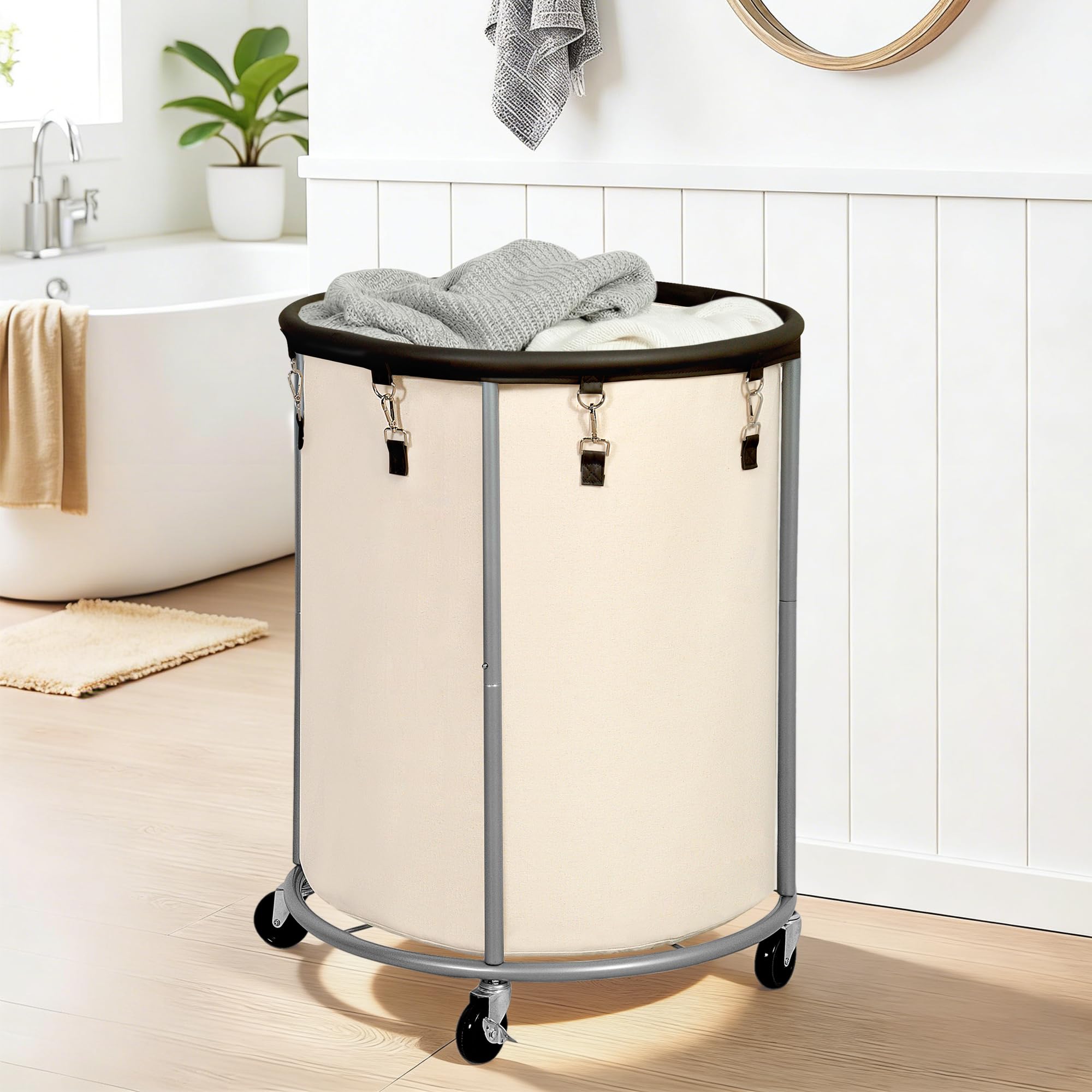 Easi Cesto de lavanderia extra grande 185L com rodas, cesto de roupa suja com rodinhas de grau comercial com moldura de aço resistente e bolsa de lona removível, carrinho de lavanderia profissional