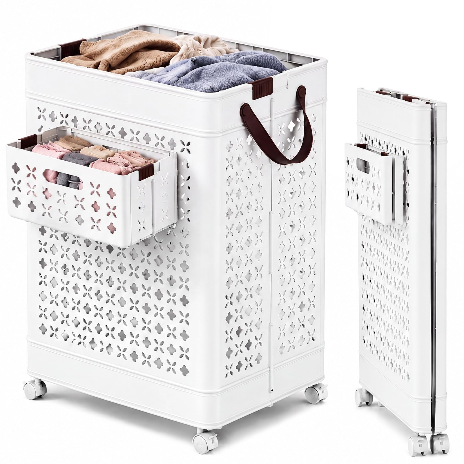 Didaey Cesto de roupa suja dobrável de 100 L com rodas, grande cesto de roupa suja com rodinhas e alças, cesto de roupa suja dobrável para quarto, banheiro, dormitório, economia de espaço, branco