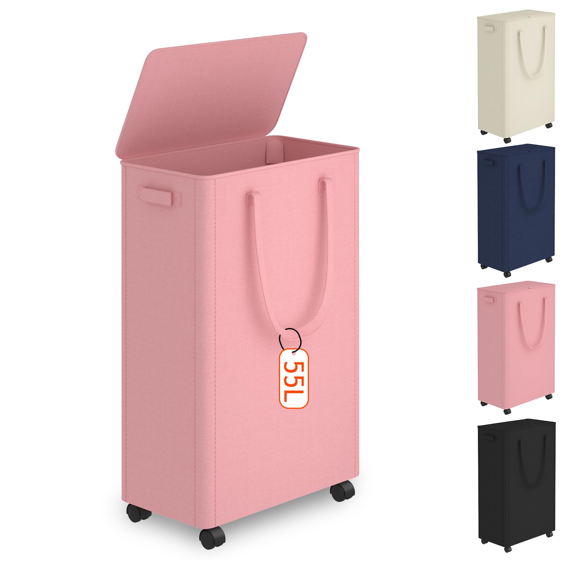 Vincona Cesto de roupa suja fino com rodas, cesto de roupa suja com rodinhas de 55 litros com tampa e rodas, cesto de roupa suja, dobrável, resistente, dobrável, para dormitório, lavanderia