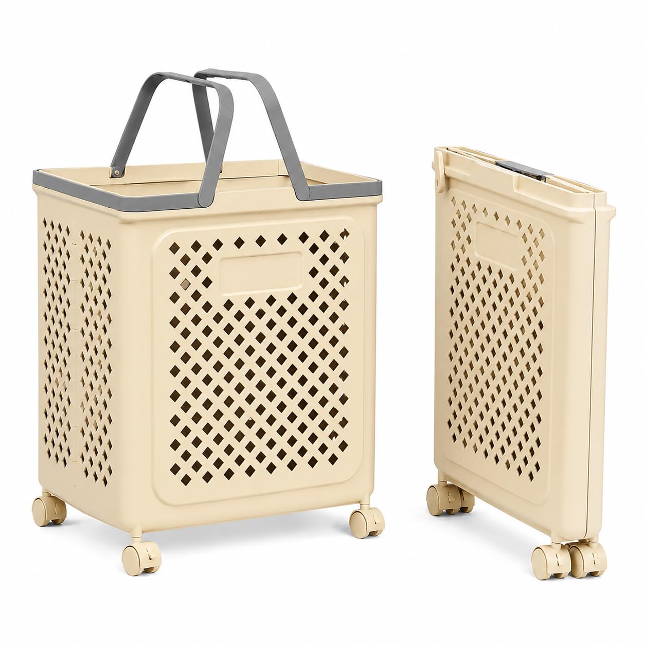 Cesto de Roupa Dobrável 47L com Rodas e Alças em Plástico PP Resistente – Organizador Retrátil e Ventilado para Lavanderia, Banheiro, Quarto, Closet e Brinquedos – Branco ou Bege (Bege)