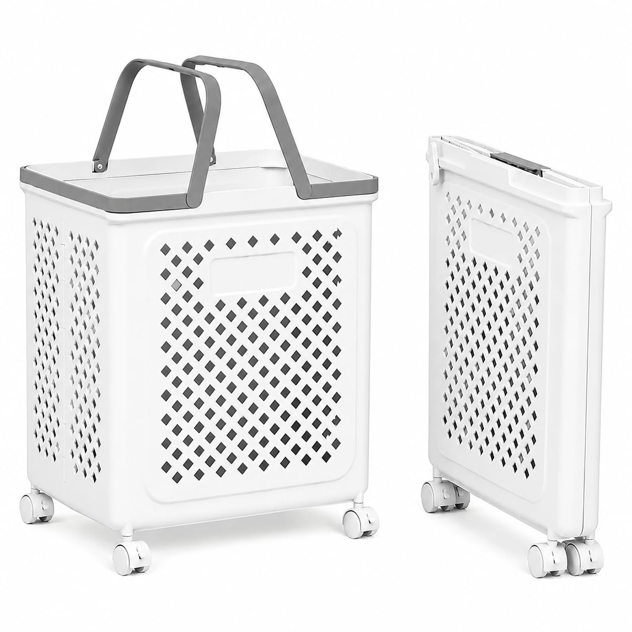 Cesto de Roupa Dobrável 47L com Rodas e Alças em Plástico PP Resistente – Organizador Retrátil e Ventilado para Lavanderia, Banheiro, Quarto, Closet e Brinquedos – Branco ou Bege (Branco)