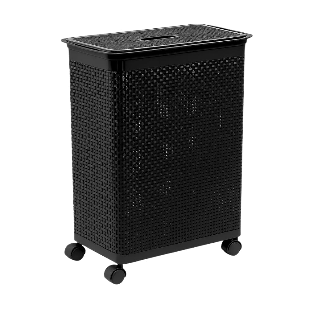Cesto de roupa suja com rodas, em rattan e tampa à prova de odores. (Preto) | Cesto de roupa suja com rodas, capacidade para 50 litros, com tampa hermética, feito de plástico branco com textura de vime.