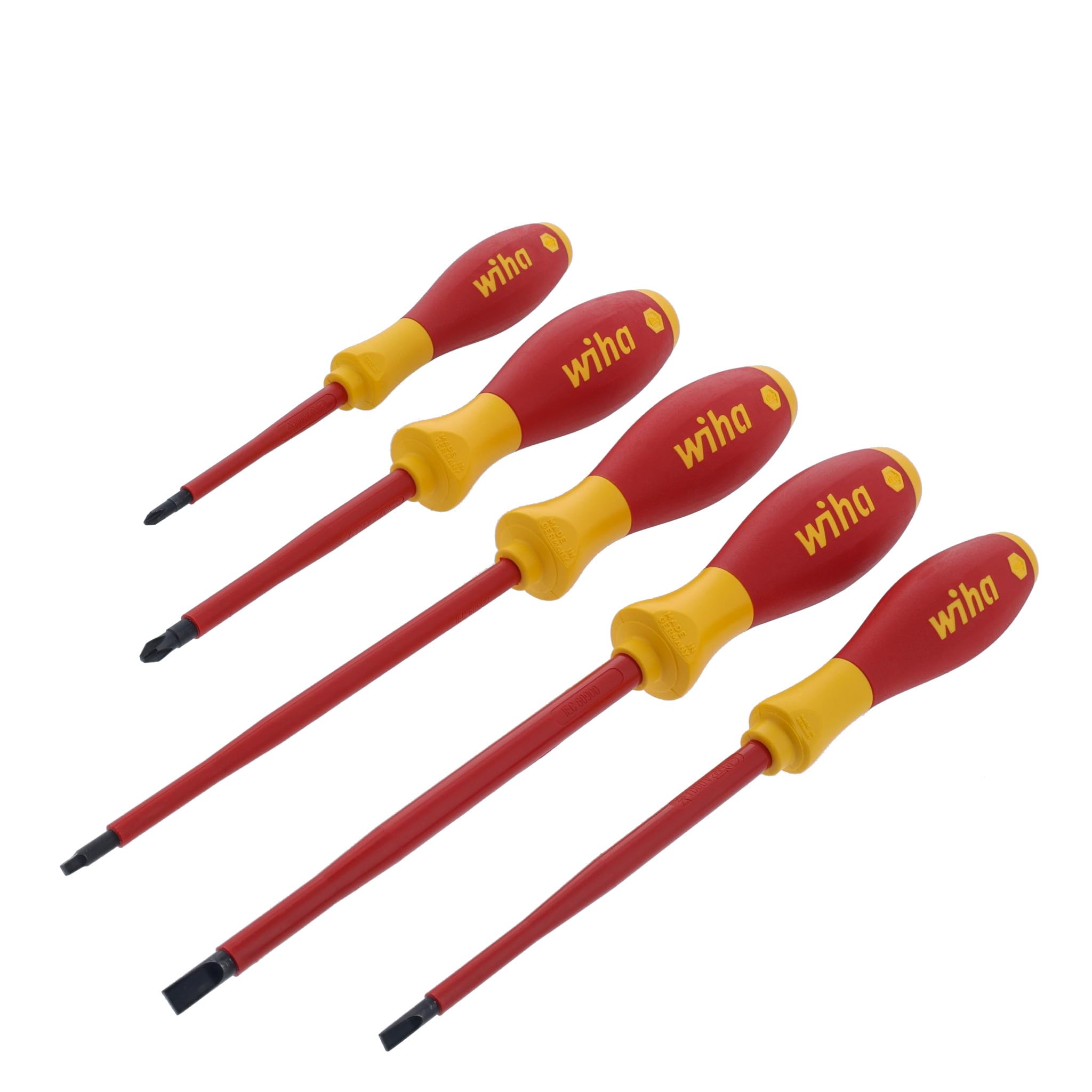 Wiha 32059 Conjunto de chaves de fenda Phillips com acabamento macio e isolamento de 5 peças | Certificação VDE de 1000 V, pontas quadradas Phillips com fenda, cabo almofadado, testado para 10.000 volts, Alemanha