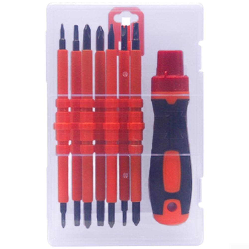 Conjunto de chaves de fenda isoladas multifuncionais 8 em 1 com alça catraca 1000 V liga de aço de segurança de troca rápida vermelho ergonômico 19 x 12,2 x 4 cm para reparo elétrico em casa (catraca)