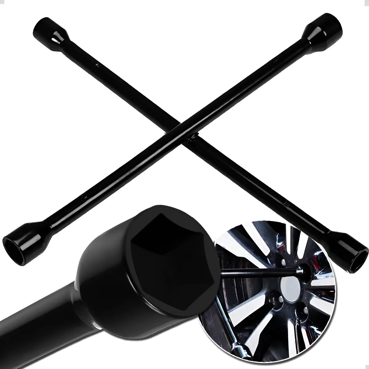 Chave de Roda Cruz Universal Automotiva 4 Bocas 17 x 19 x 21 x 23 mm Aço Carbono Resistente 14 Polegadas Profissional Premium para Troca de Pneu de Carro Reforçada Formato Estrela Anti-Corrosão Preta