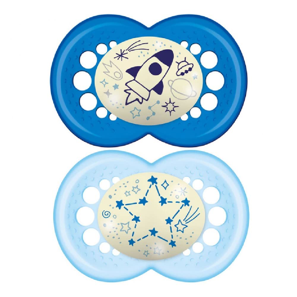 MAM Baby Kit 2 Chupetas Original Night Com Bico Simétrico de Silicone SkinSoft para Crianças 6+ Meses Com Caixa Esterilizadora, Azul