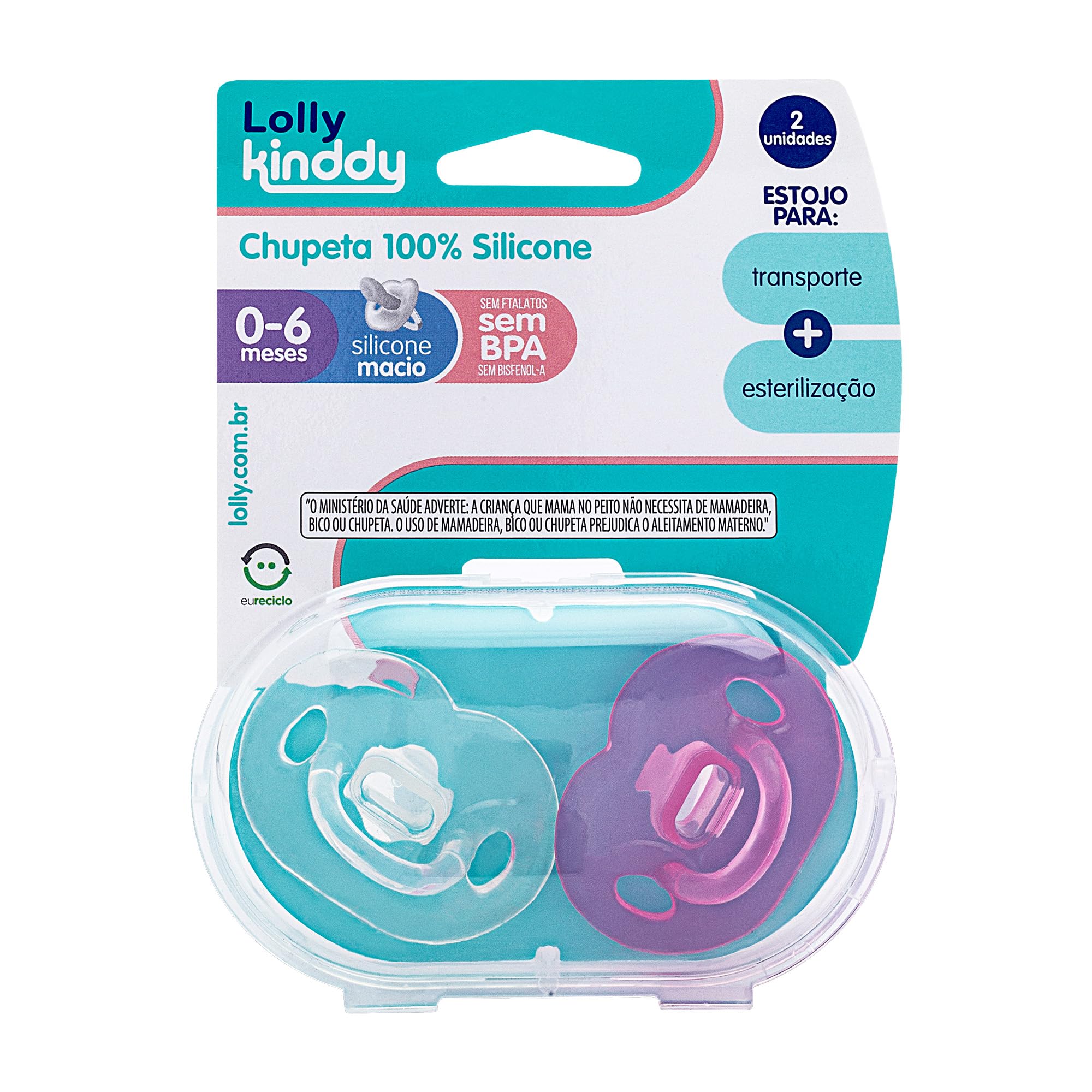 Lolly Conjunto de Chupetas de Silicone 2 Peças, Rosa, 0+ meses