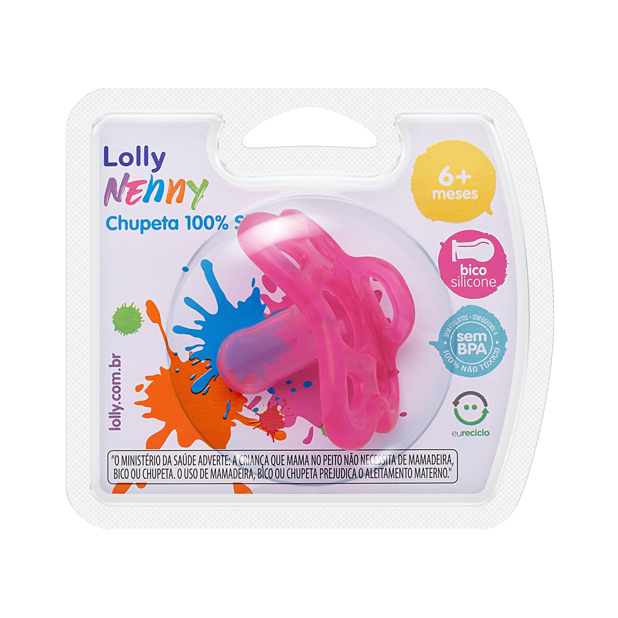 Chupeta 100% Silicone com Bico Redondo - A Partir de 6+ Meses -Resistente e Flexível - Sem BPA - 01 Unidade Rosa - Lolly