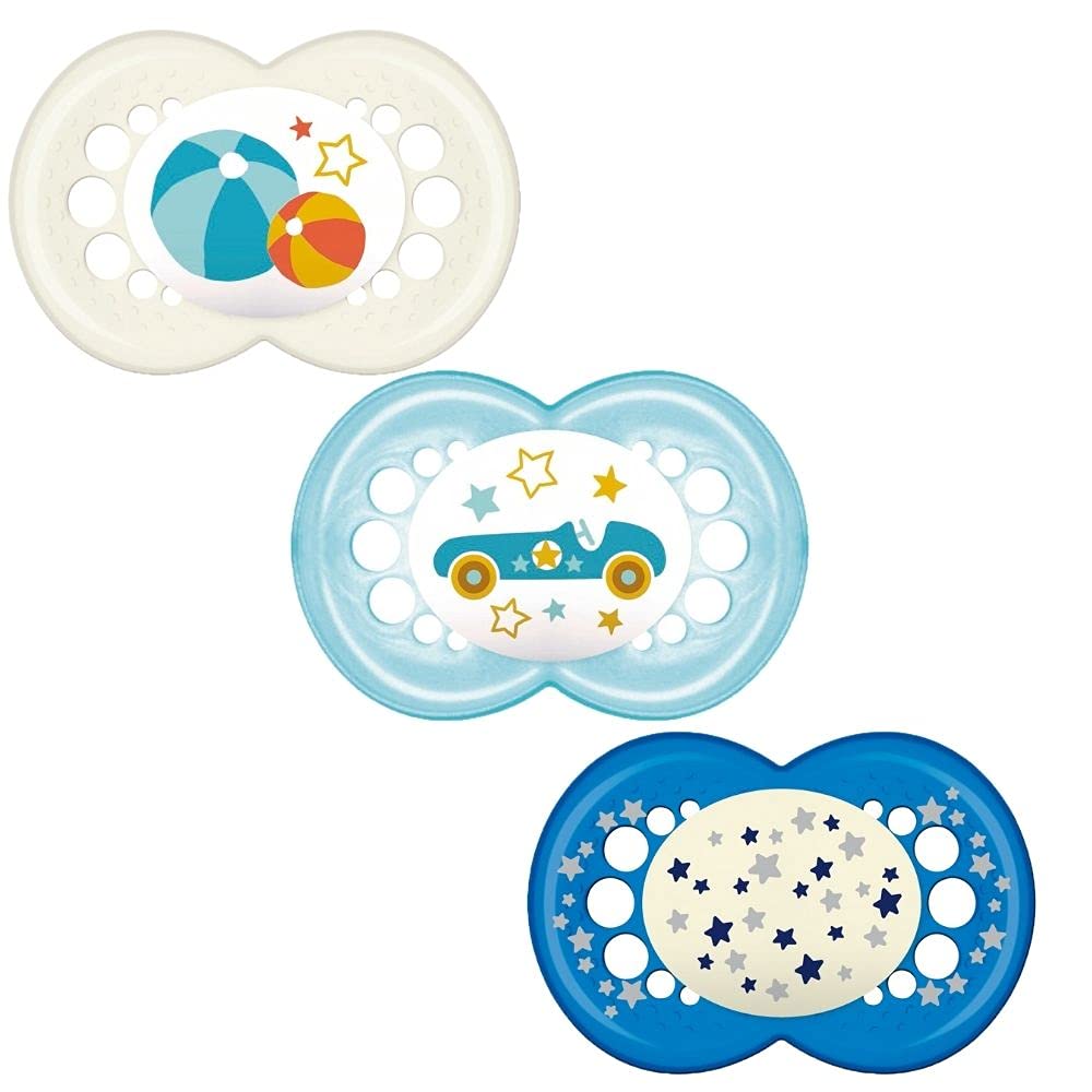 MAM Baby Kit Com 2 Chupetas Original Day e 1 Original Night Com Bico Simétrico de Silicone SkinSoft para Crianças 6+ Meses Com Caixa Esterilizadora, Azul