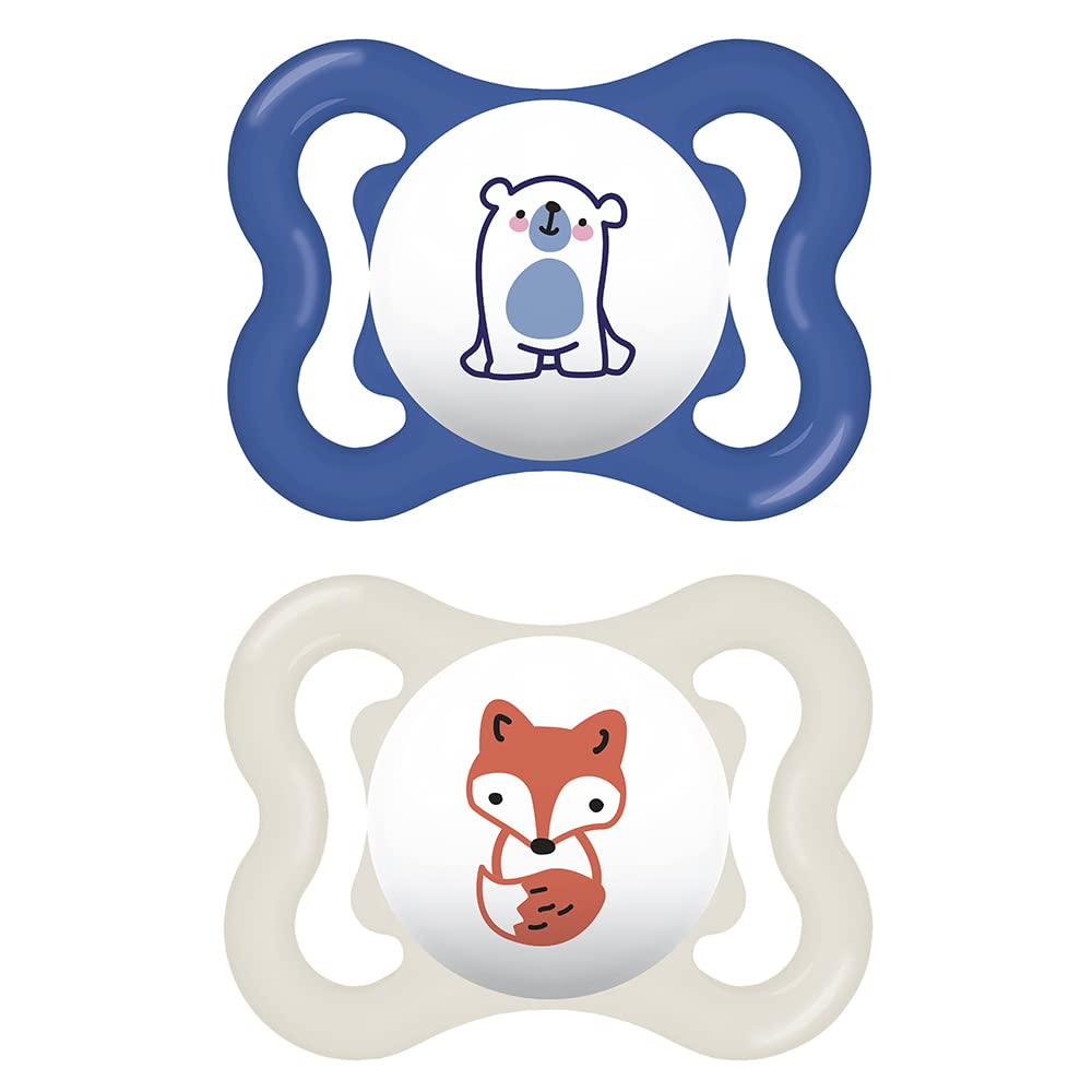 MAM Baby Kit com 2 Chupetas Supreme Com Bico Extrafino de Silicone SkinSoft para Crianças de 0-6 Meses Com Caixa Esterilizadora, Azul