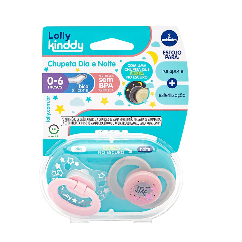 Chupeta Star Dia e Noite Silicone 0-6 meses 2 unidades Lolly Rosa