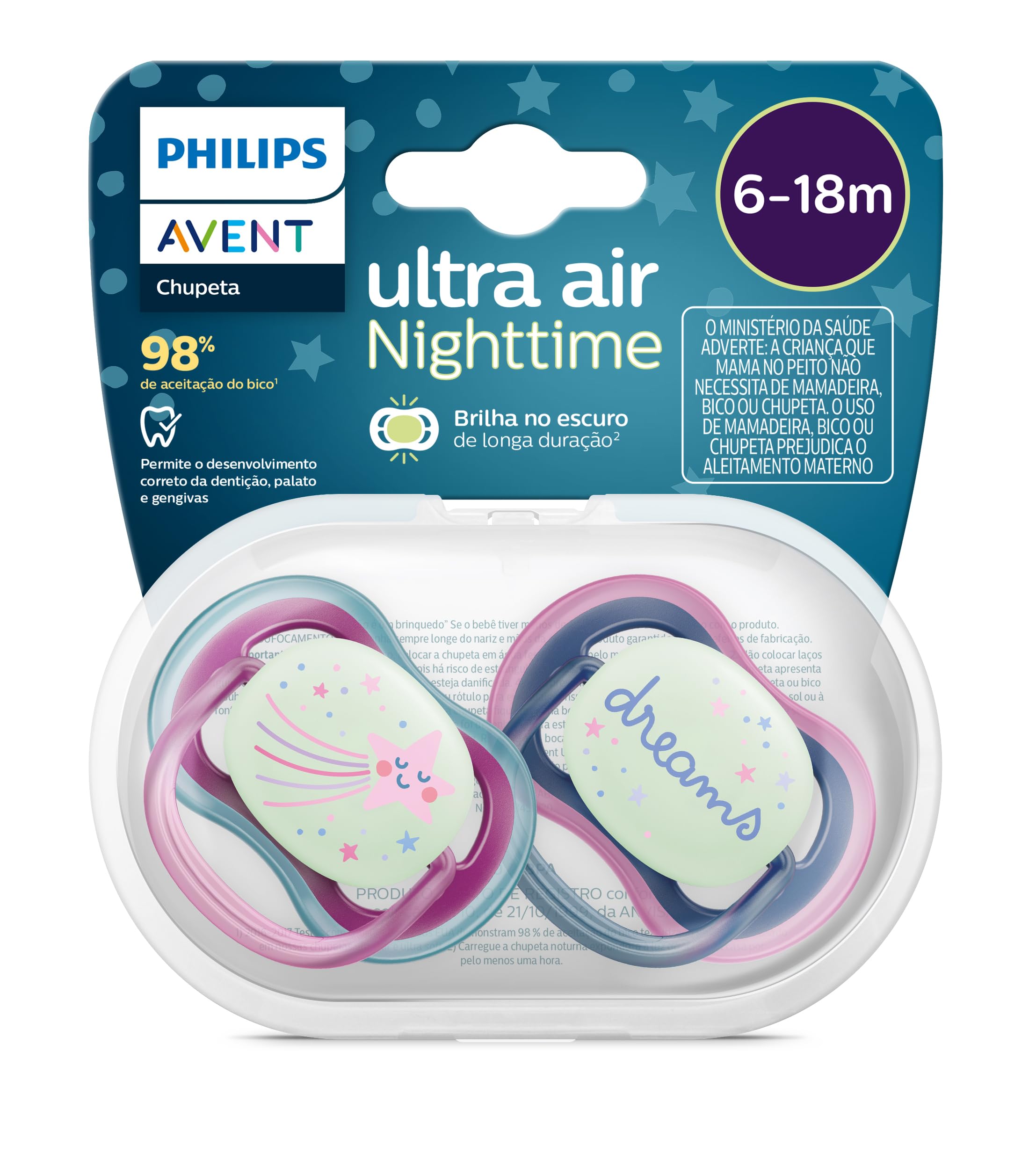 Chupeta Avent Ultra Air Noturno Dupla Deco Philips Avent 6-18m Azul/Rosa