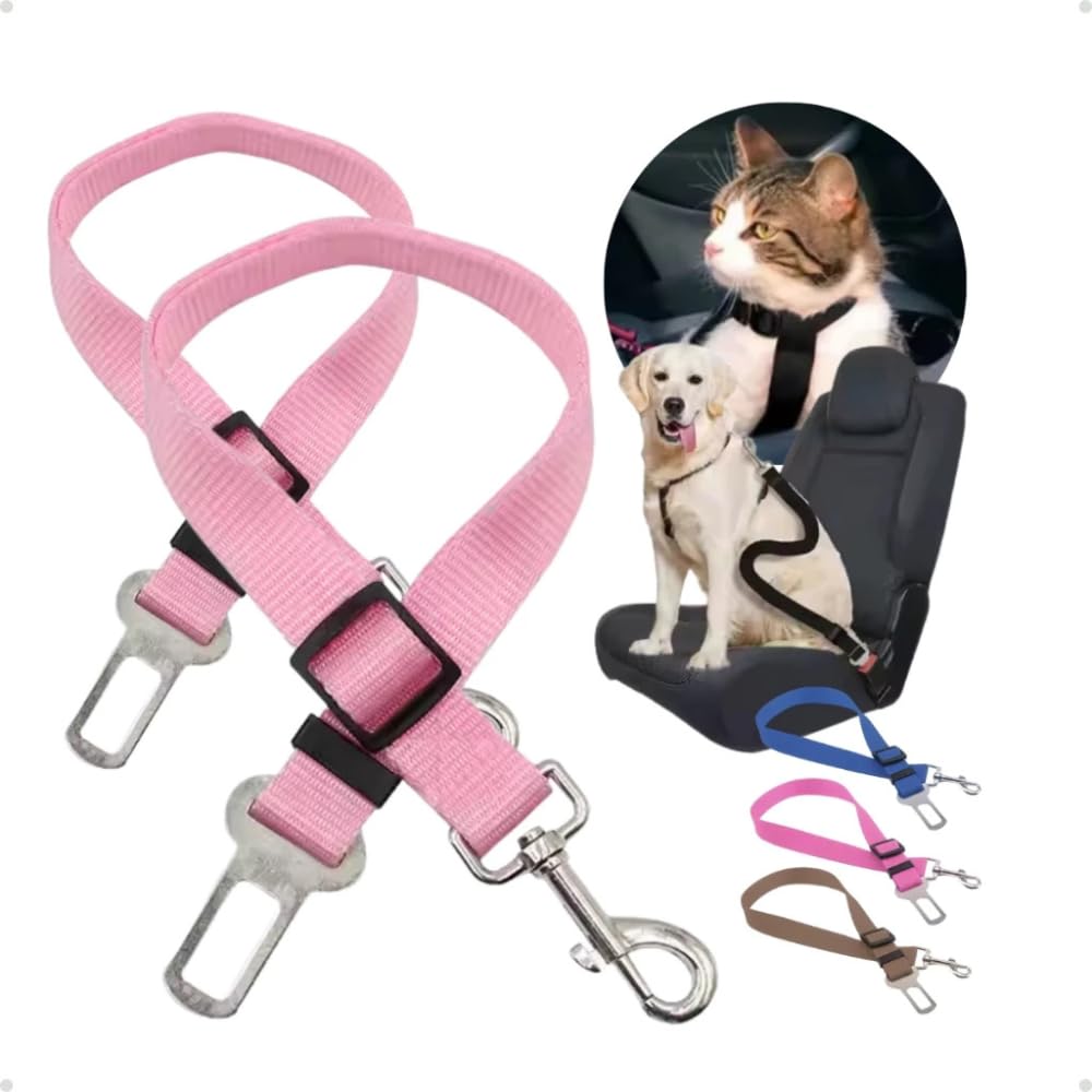 Kit 2 Cintos de Segurança para Pets Ajustáveis – Encaixe Universal para Carros Nylon Reforçado com Fivela Metálica Comprimento 33–57 cm Ideal para Cães e Gatos (Rosa)