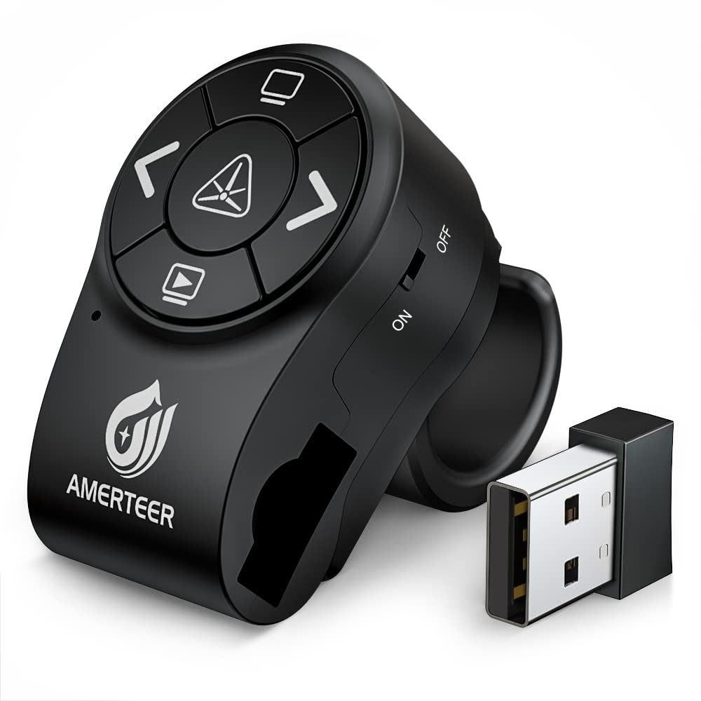 AMERTEER Clicker de apresentação sem fio para apresentações em PowerPoint, controle remoto de anel de dedo RF 2,4 GHz, caneta clicker de slides PPT recarregável