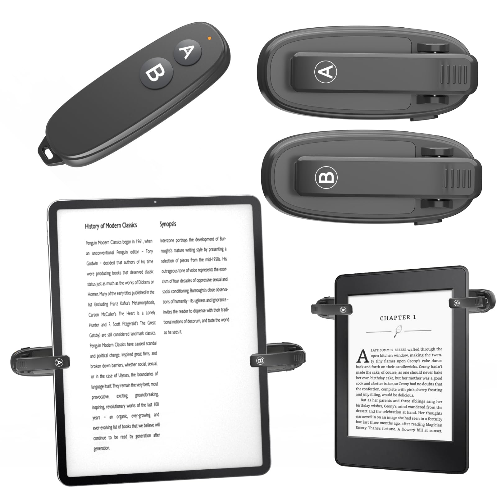 HIGHGO Nome do Acessórios de Controle Remoto Gira Páginas para Kindle Paperwhite, Acessórios Gira Páginas para Kindle, iPad e Tablet, Clipe Clicker Recarregável Gira Páginas [2 Clipes]