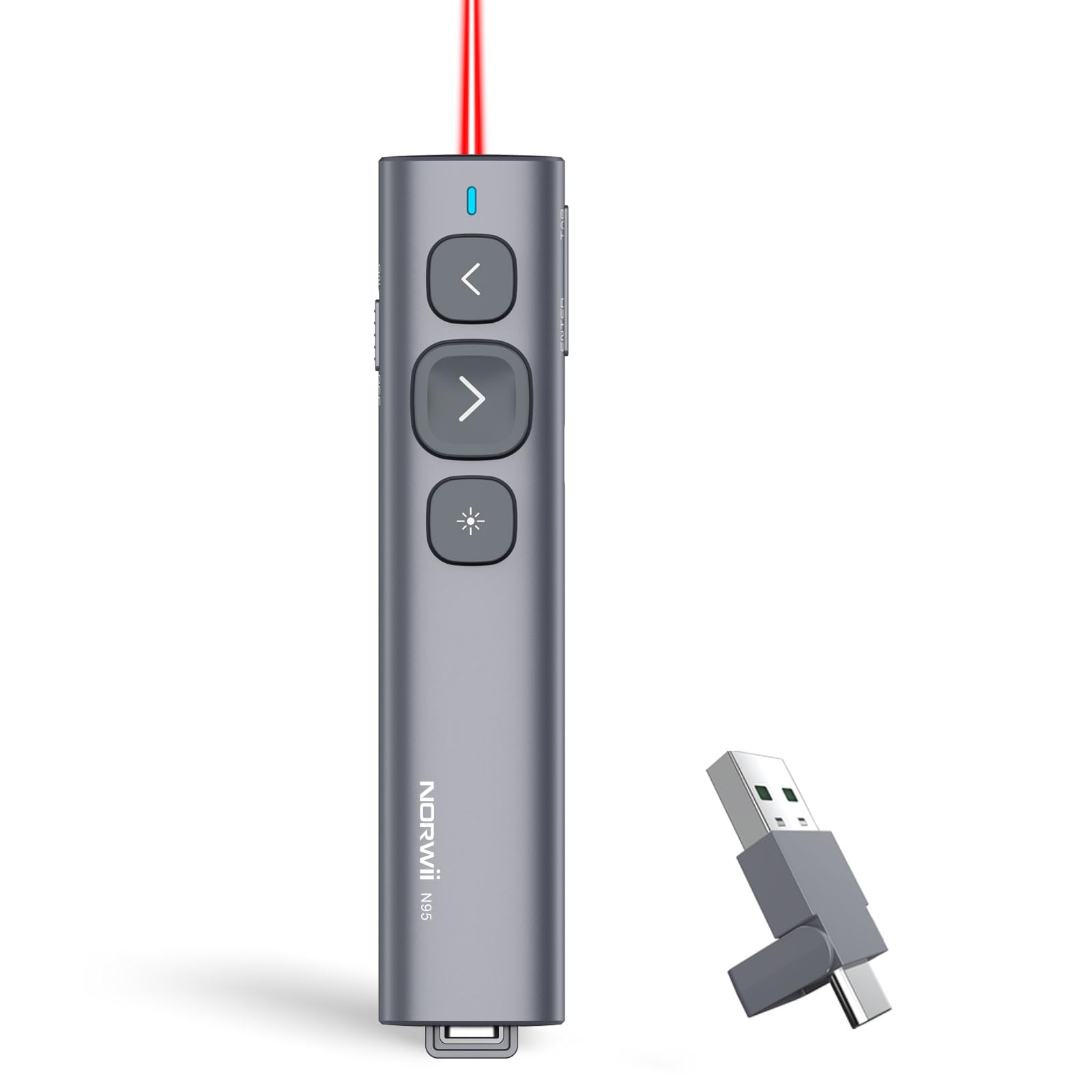 NORWII USB-C Presentation Clicker com ponteiro vermelho, clicker recarregável para PowerPoint, telecomando de apresentação, apresentador sem fios de longo alcance com botão silencioso reprogramável