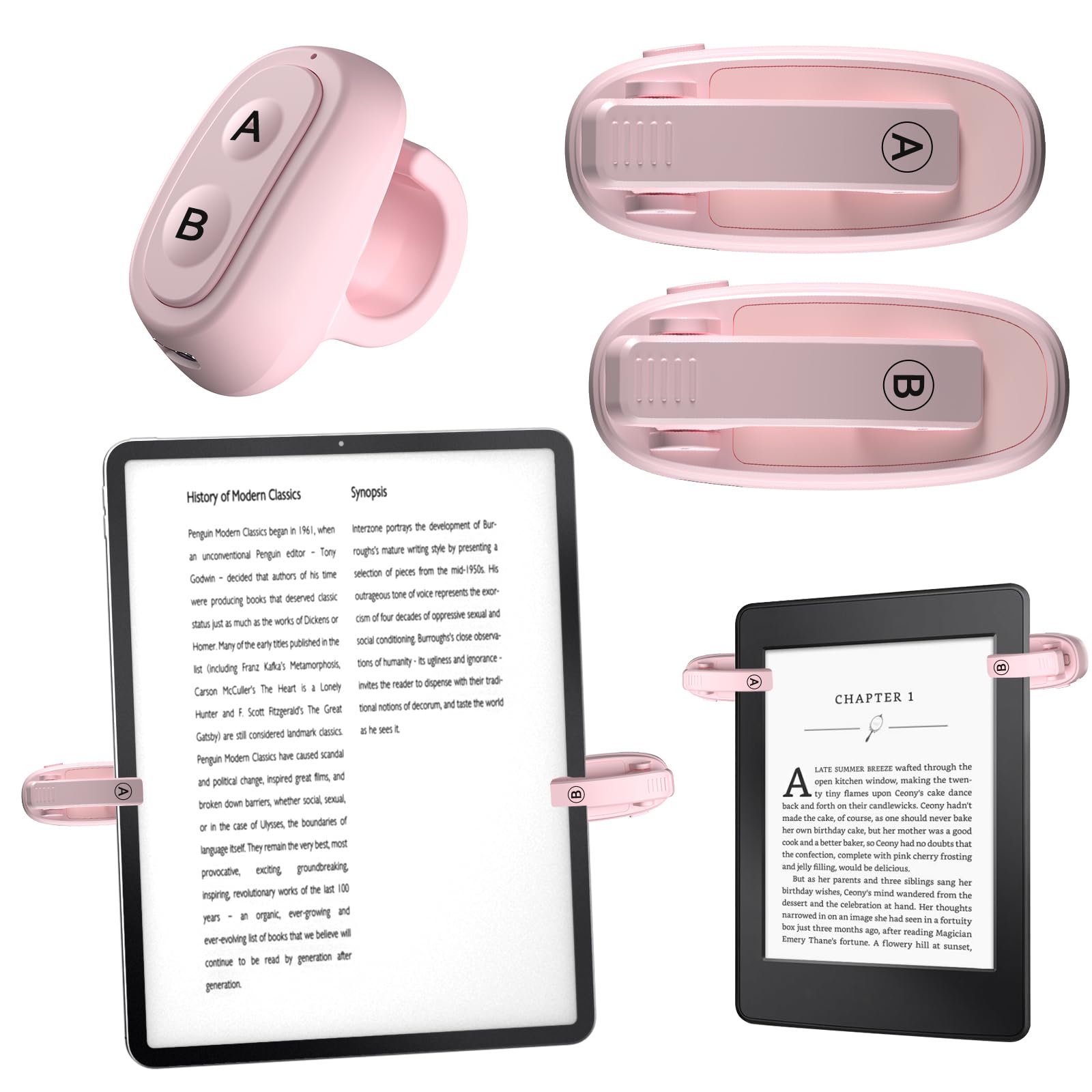 [2 clipes] Controle remoto de virador de página com anel de dedo para Kindle Paperwhite Remote Page Turner Acessórios para Kindle Clip Clicker Recarregável Virador de página para iPad, tablets Android