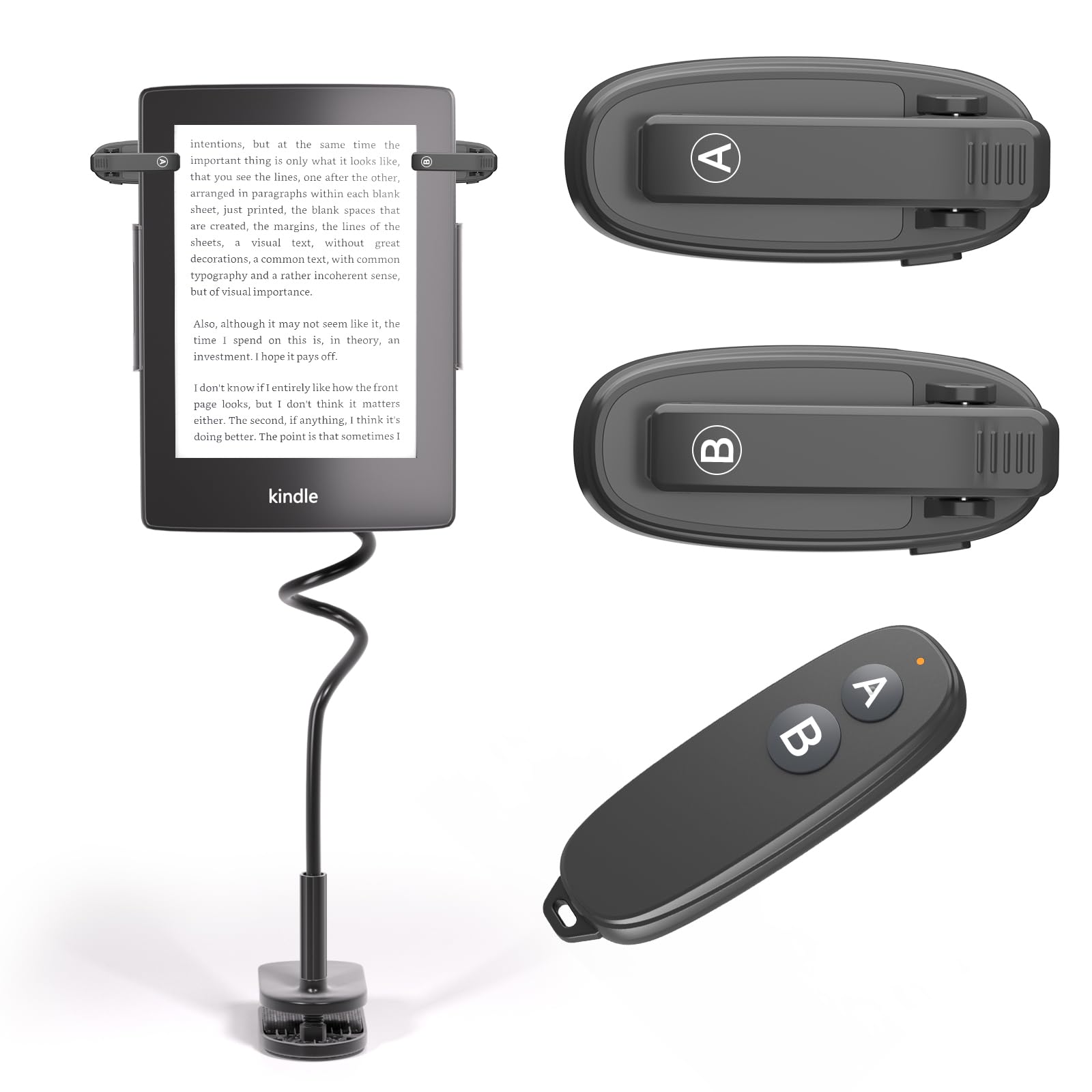[2 clipes] [com suporte] Controle remoto de virador de página para Kindle Paperwhite Remote Page Turner Acessórios para Kindle Clip Clicker Recarregável Page Turner para iPad, tablets Android,