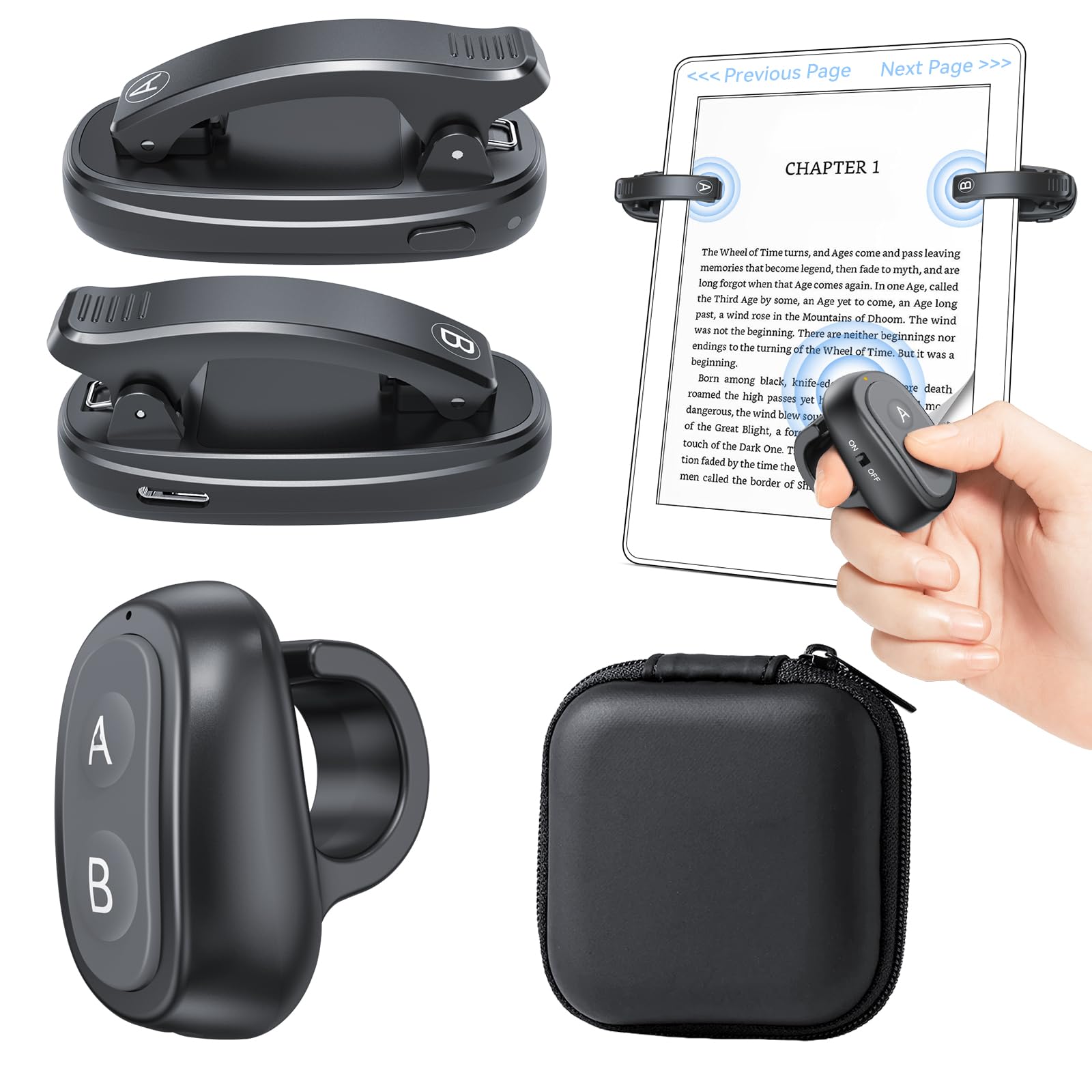 [2 Clipes] Controle Remoto Para Virador De Páginas Kindle Com Anel Dedo Paperwhite: Clicker Sem Fio Rf Recarregável Leitura Na Cama Iphone, Android E Ipad, Acessórios Obturador Câmera Gra