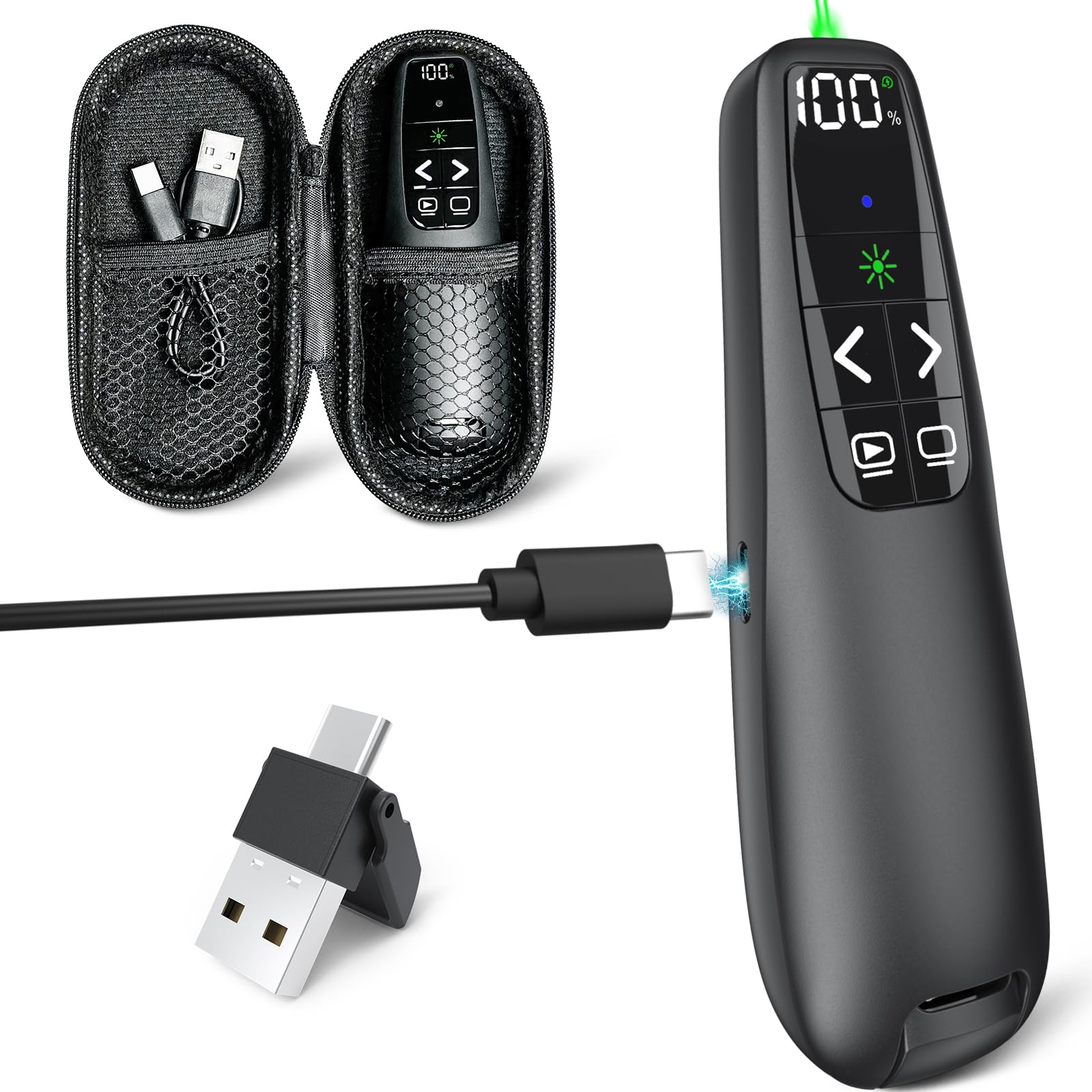 Clicker e estojo de apresentação, controle remoto de apresentador de exibição a laser verde | Receptor USB/tipo C 2 em 1, ponteiro laser vermelho recarregável, sem fio, PowerPoint PPT, clickers para Mac/Windows