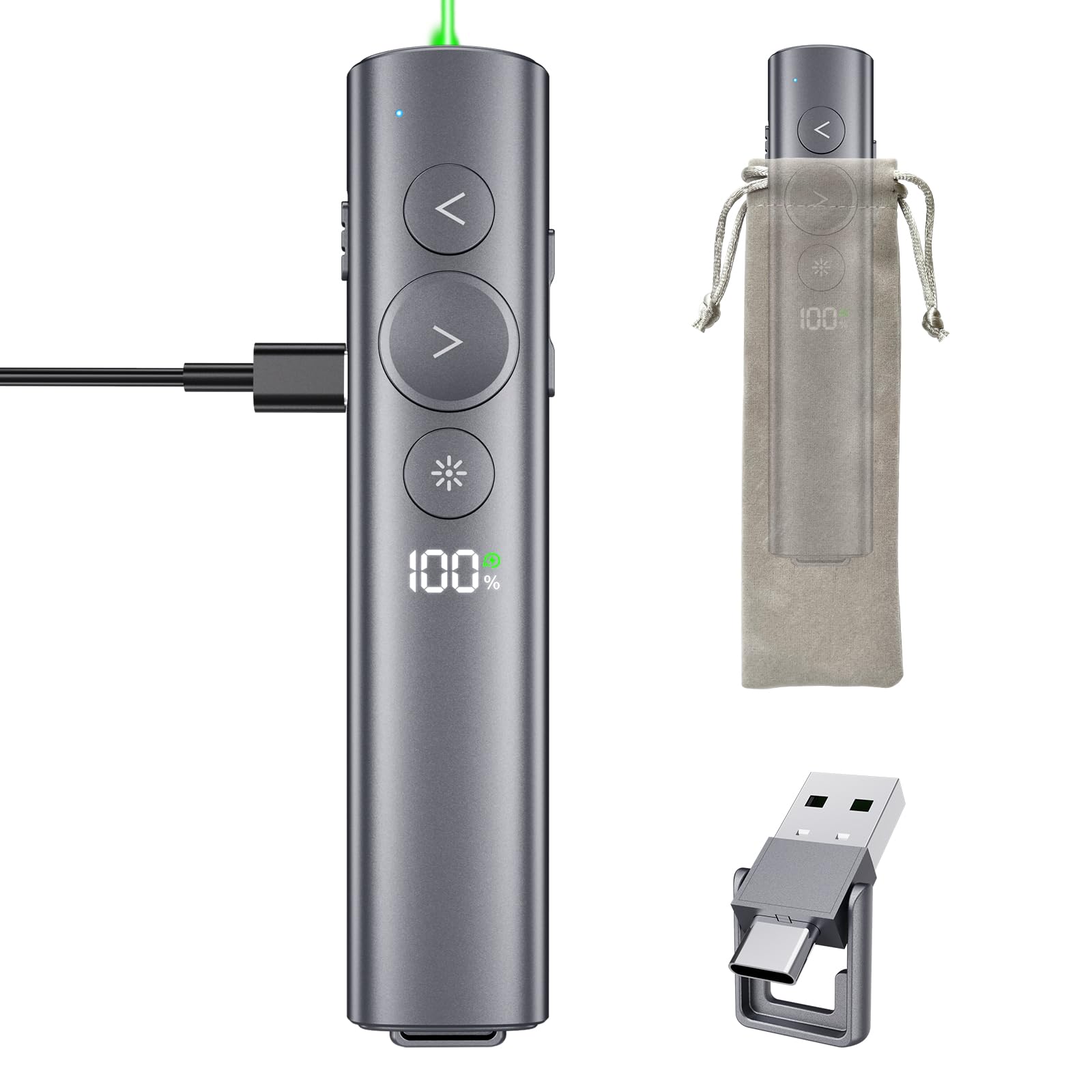 Clicker de apresentação com laser verde, apresentador de exibição digital potente | 2 em 1 USB/receptor tipo C PowerPoint sem fio apresentador remoto para computador portátil/PPT/Google Slides/Windows/Mac